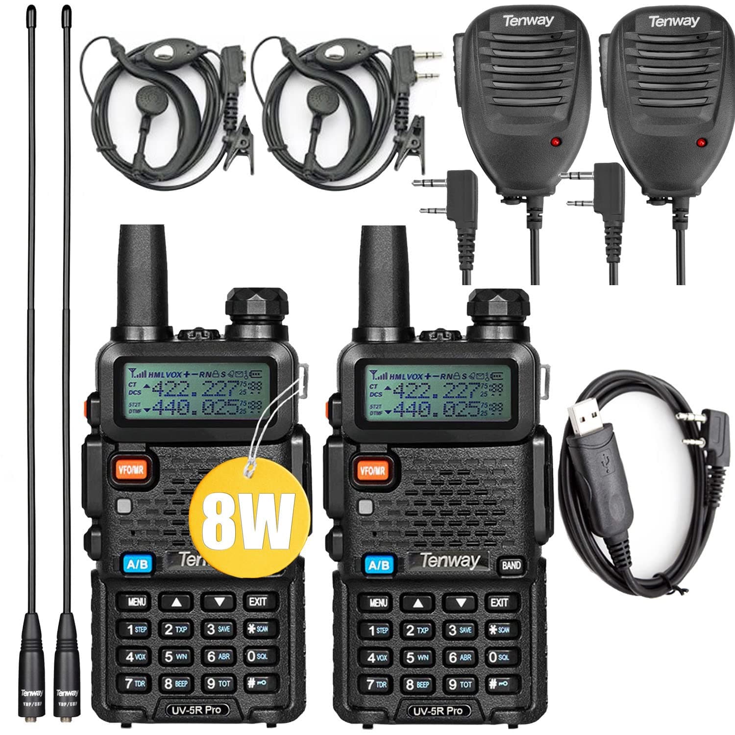 Ham Radio UV-5R Pro 8W Dual Band Two Way Radio with Handheld Speaker Mic and Antenna 2Pack and Programming Cable