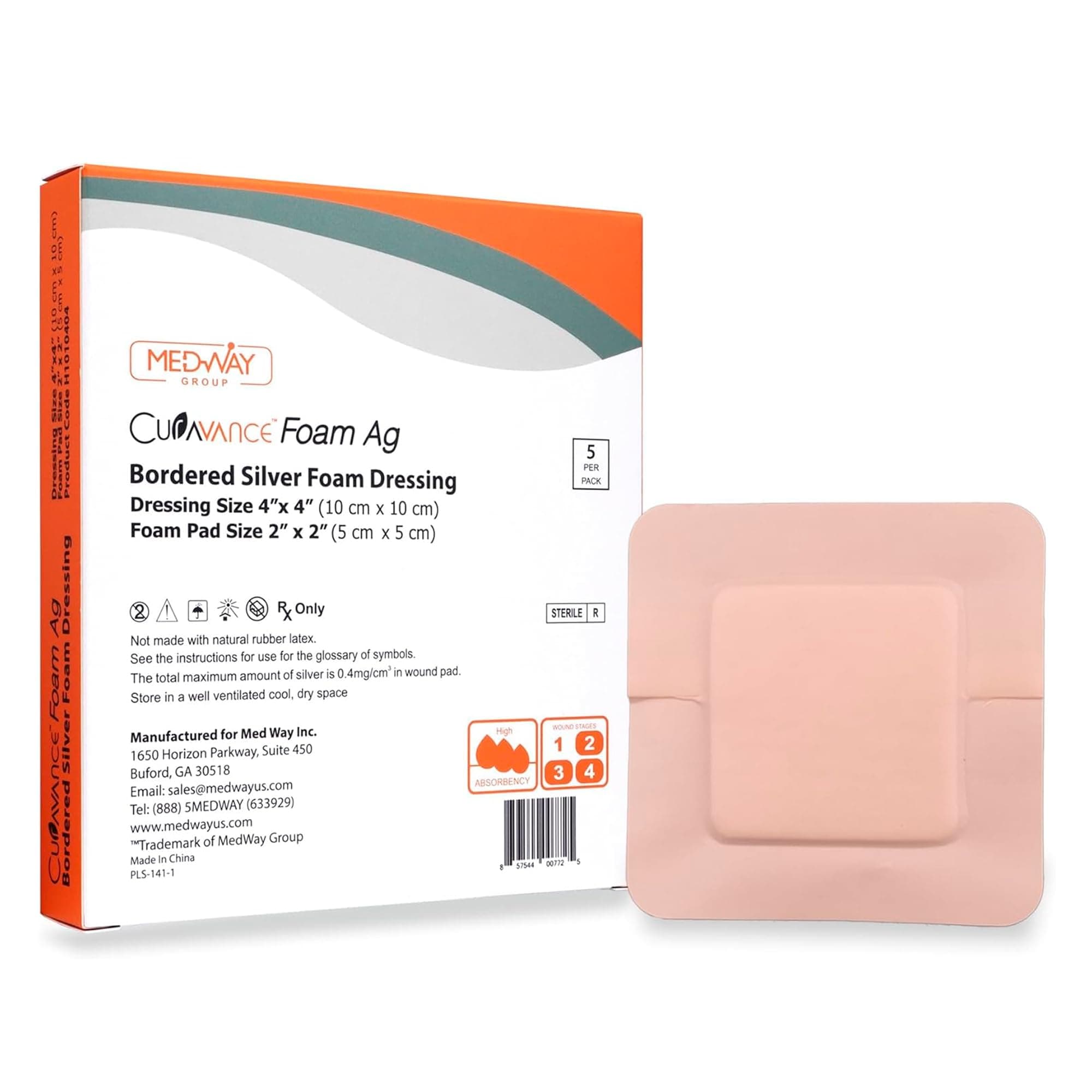 MedVance Bordered Silver Foam Ag Sterile Highly Absorbent Dressing, 4"x 4" (2"x 2" Pad), 5 dressings/Box, 5 Count (Pack of 1)