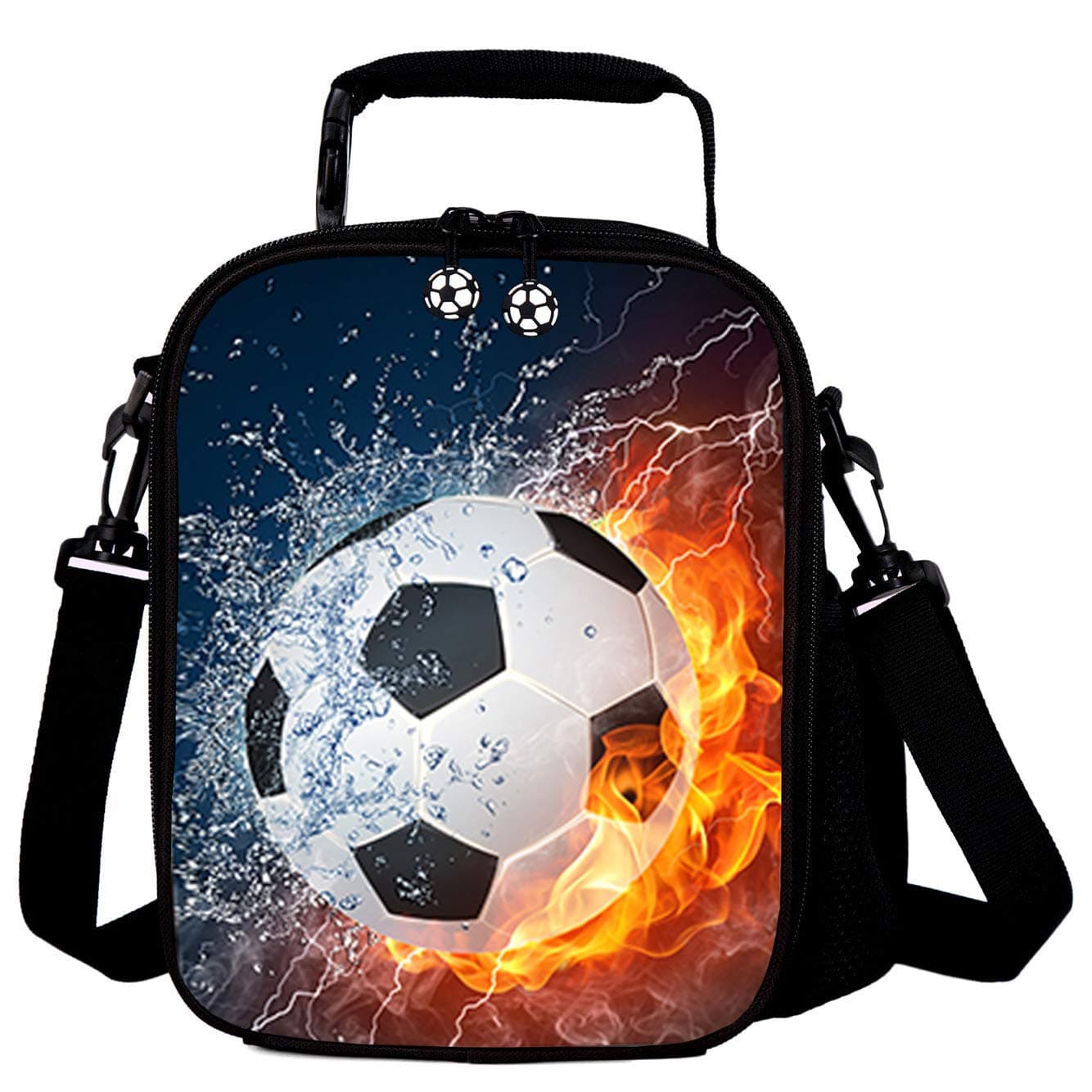 GOXUNYUAN Kids Lunch Bags Reusable Warm Lunch Bags with 3D Football Pattern with Bottle Holder Shoulder Strap for Boys Girls Red