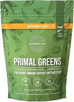 - Super Greens Powder, 30 Servings w/+50 Greens Superfood Chlorella, Probiotics, Green Tea, Wheatgrass, Kale, Turmeric for Energy,Primal Greens