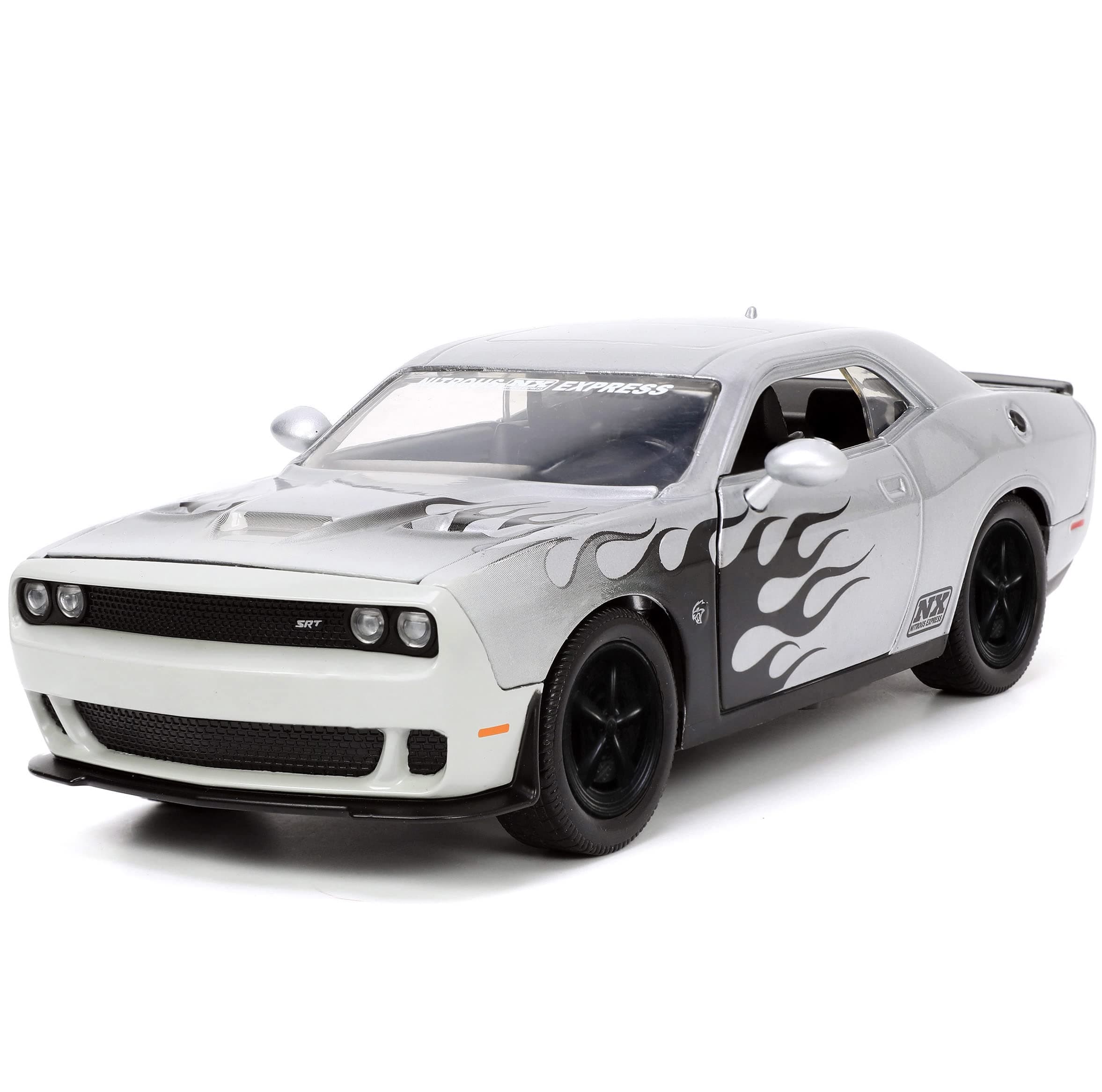 Jada Toys Big Time Muscle 1:24 2015 Dodge Challenger SRT Hellcat Die-cast Car Silver/Black Flames, Toys for Kids and Adults
