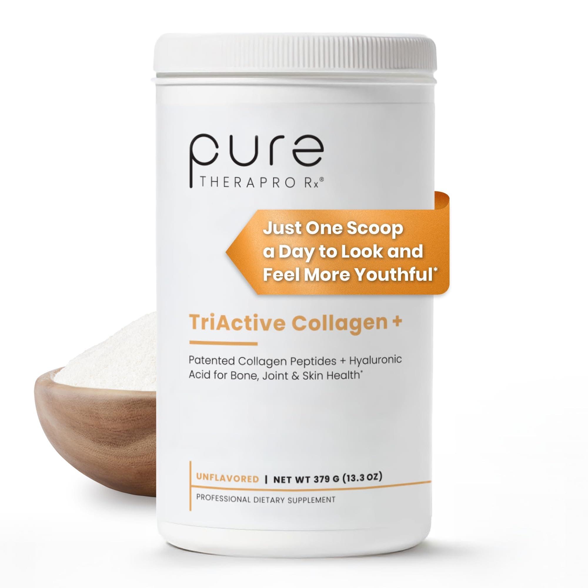 Pure Therapro Rx TriActive Collagen Plus, Collagen Powder for Hair, Skin, Nails, Bones & Joints, Hydrolyzed Collagen Powder w/Patented Peptides, Unflavored Multi Collagen Protein Powder, 30 Servings