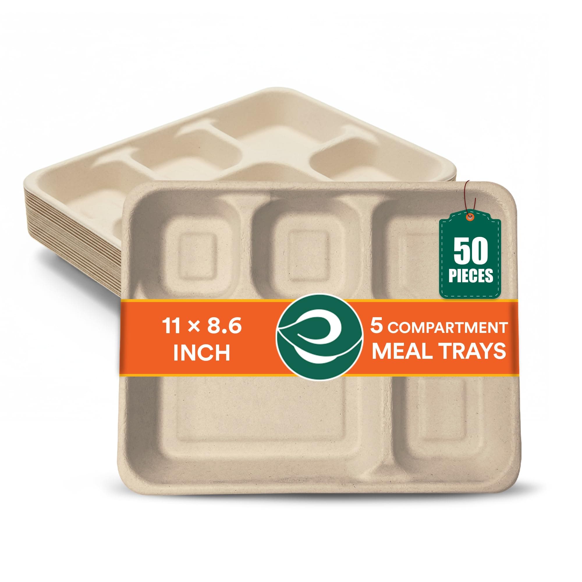 ECO SOUL [5-Compartment, 50 Count] Disposable Meal Tray | Compostable Bagasse Plates | Eco-Friendly Biodegradable Dinner Plates | Party, Wedding, Event Plates, Beige