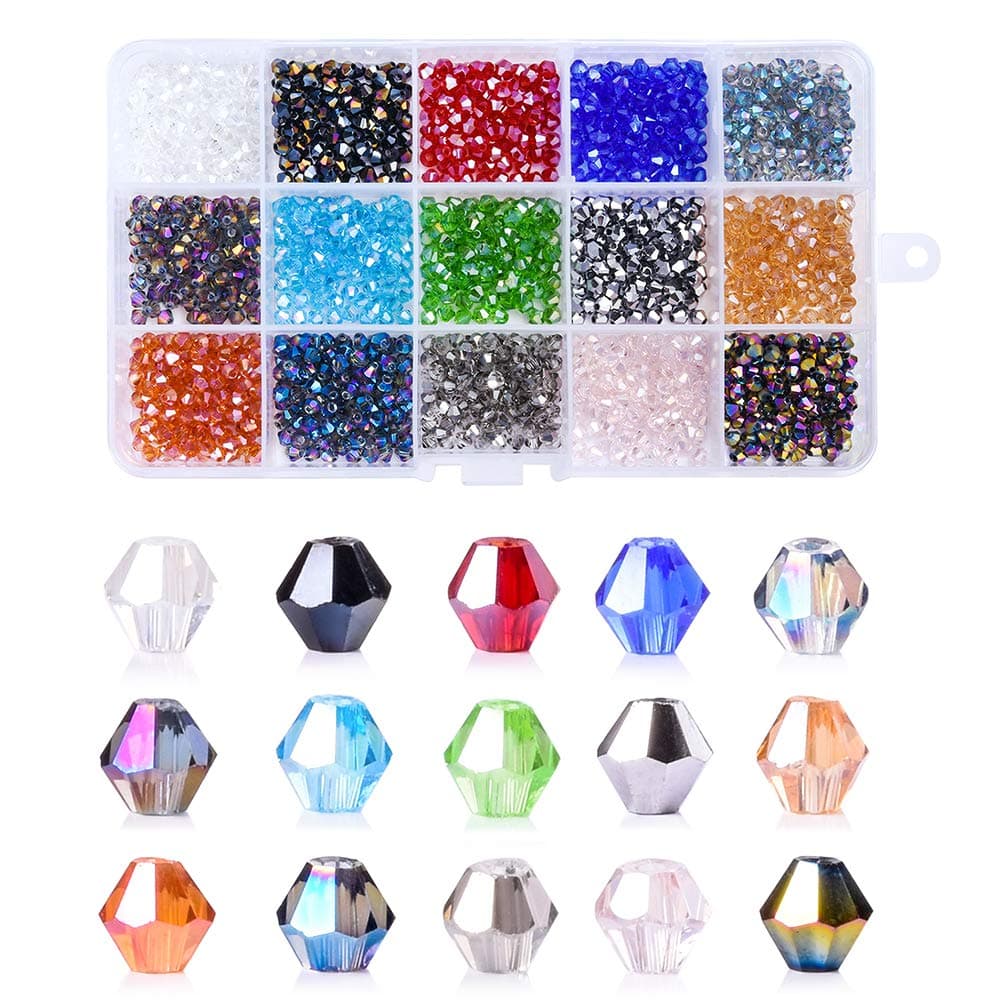 AIPRIDY Supplies Handmade Assortments Crafts Glass Beads - Colorful Briolette Crystal Bicone with Storage Box, Ideal for Charm Jewelry Making (4mm, AB Color)