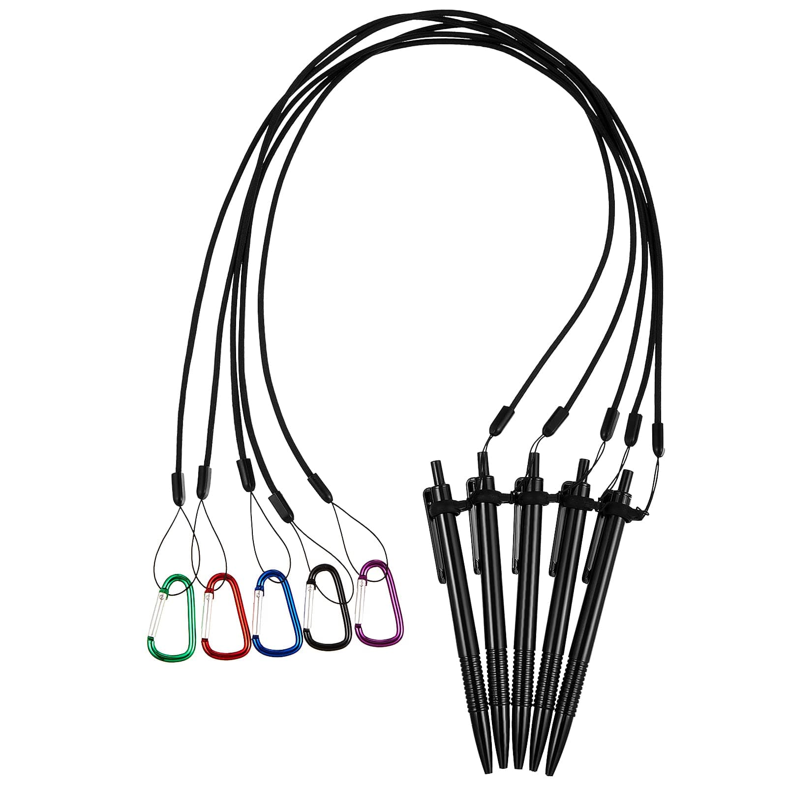 Lewtemi 5 Sets 24 Inch Pen Leash for Clipboard Lanyard Holder Pen Silicone Ring Buckle for Office Supplies(Black, Classic Style)