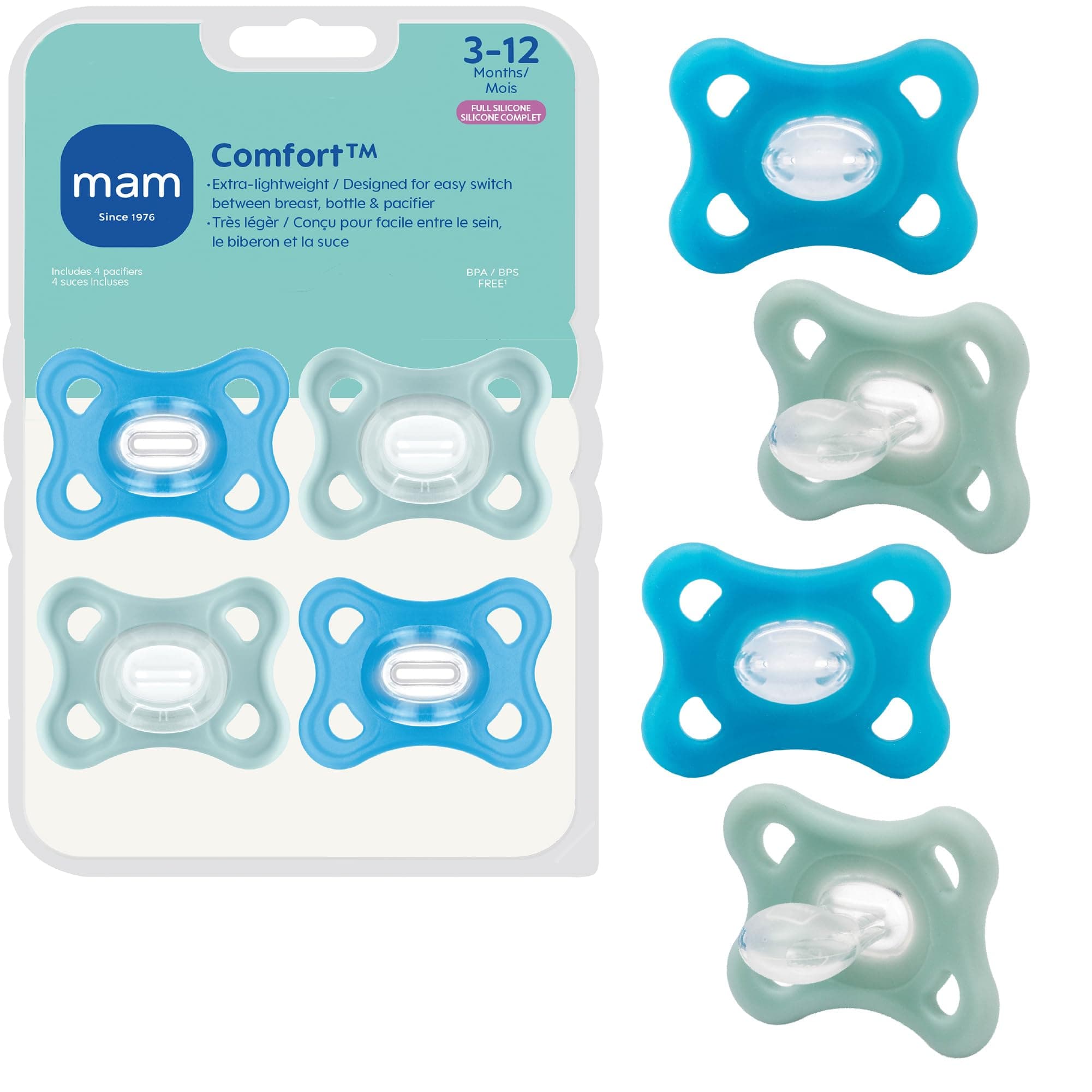 Comfort Baby Pacifiers 3-12 Months Babies, Lightweight One-Piece Full Silicone Binky, BPA-Free Nipple, Easy to Clean Pacifier, Best for Breastfed Babies, 4 Count, Made in Europe