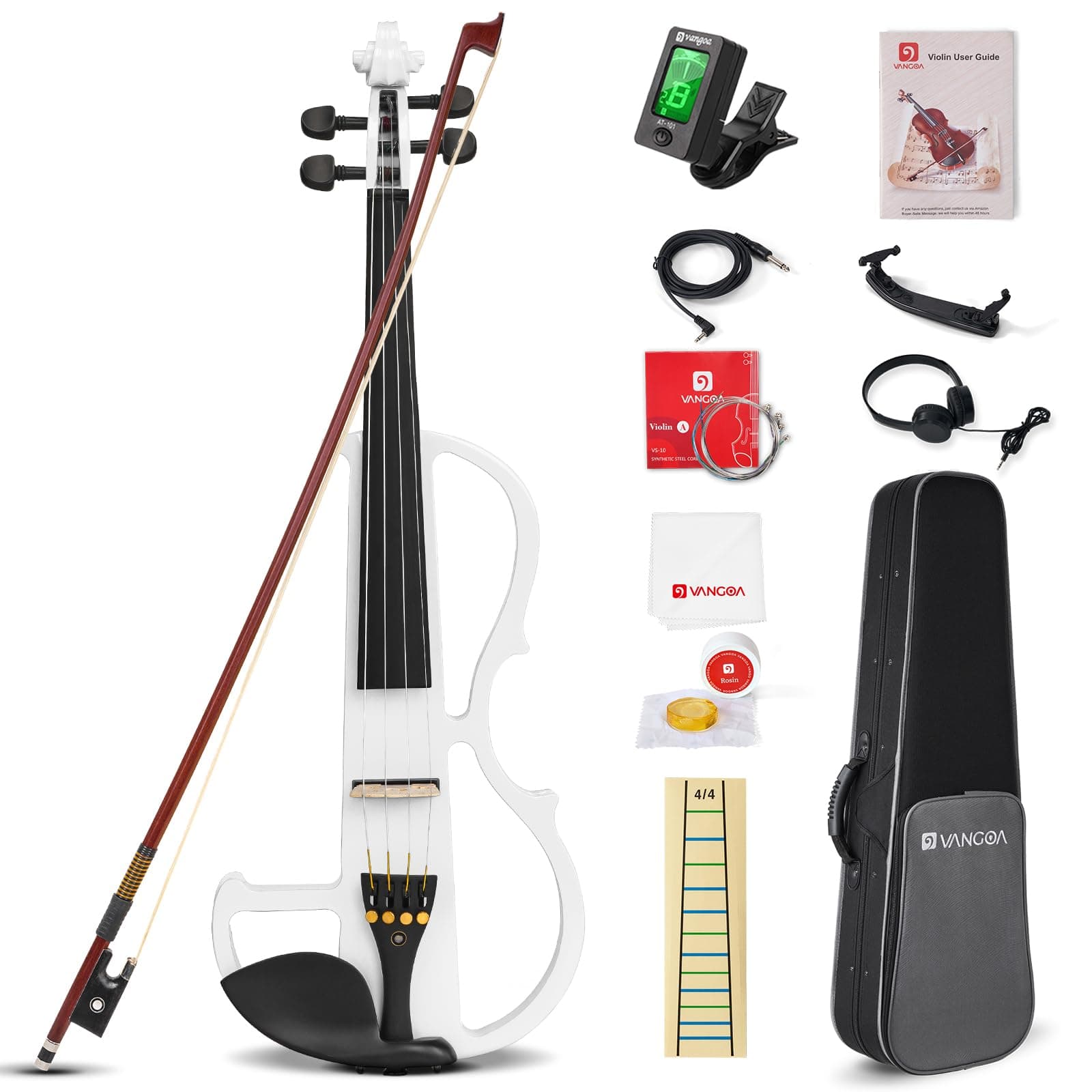 Vangoa Full Size 4/4 Electric Violin Solid Wood Electronic Silent Violin Fiddle Set with Carrying Hard Case, Shoulder Rest, Extra Strings, Audio Cable, Rosin, Bow, White