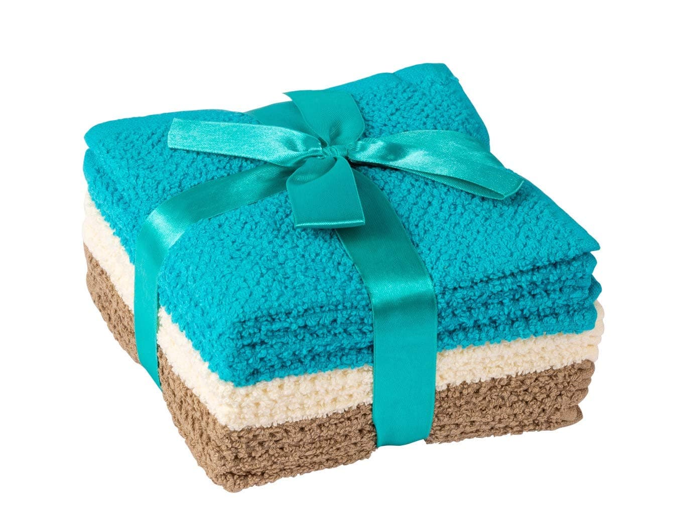 Living Fashions Washcloths Set Of 8 Popcorn Weave Texture Designed To Exfoliate Your Hands, Body Or Face Extra Absorbent Ring Spun Cotton Size Colors Teal, Cream & Taupe 12" x 12" Teal, Cream, Taupe