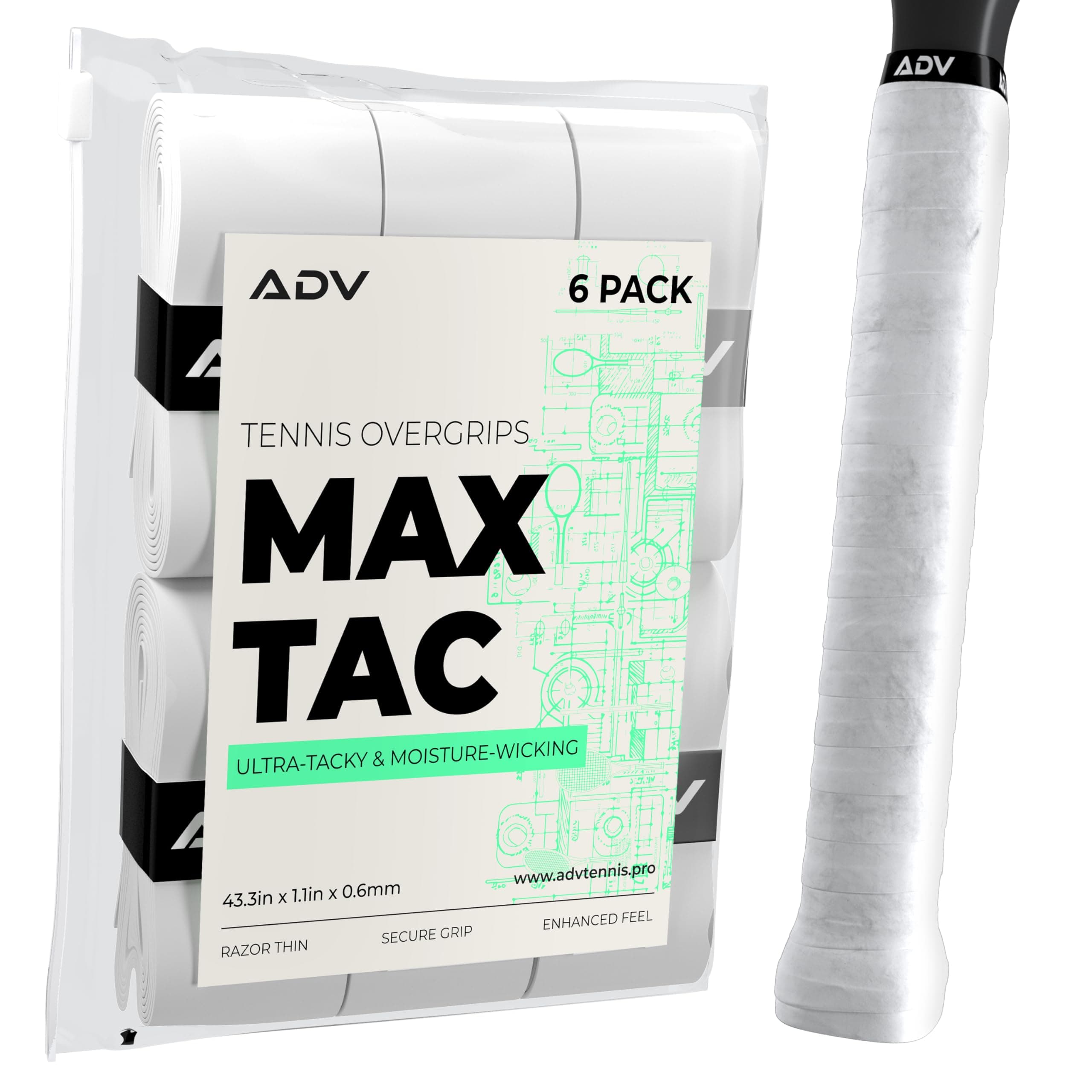 ADV MaxTac Tacky Tennis Overgrip - 6 Pack Extremely Sticky Non-Slip Tennis Grips Overgrip - Razor-Thin & Easy to Use Pro Tennis Racquet Grip Tape (6-Pack White)