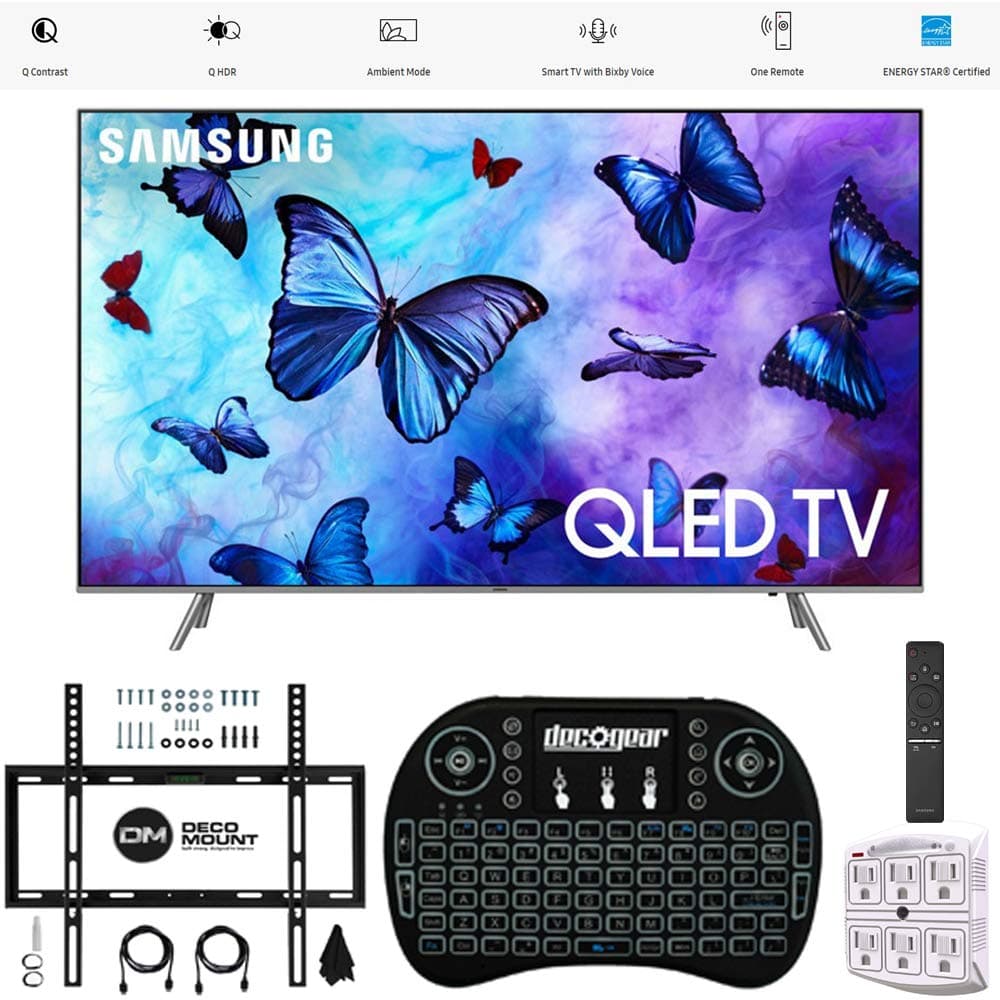 Samsung 65" Q6FN QLED Smart 4K UHD TV 2018 Model (QN65Q6FNAFXZA) with Wall Mount Ultimate Bundle Kit for 32-60 inch TVs, Wireless Backlit Keyboard & SurgePro 6-Outlet Surge Adapter