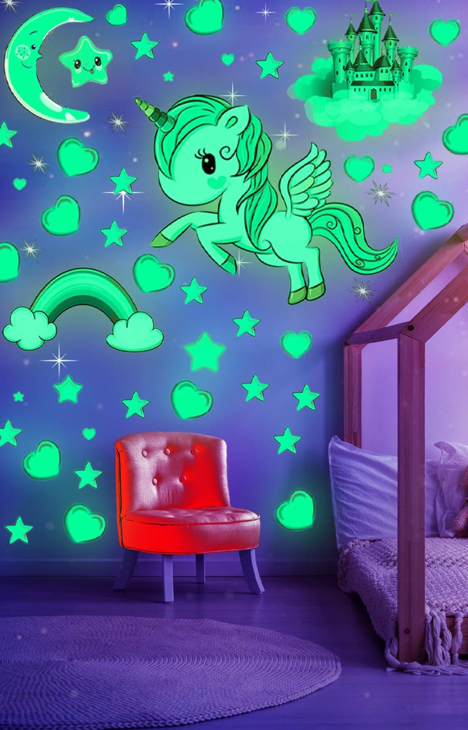 Glow in the Dark Stars, Glowing Unicorn Sets with Castle Moon and Rainbow Wall Decals for Kids Bedding Room, Great for Birthday Gift Wall Mural Stickers for Girls and Boys
