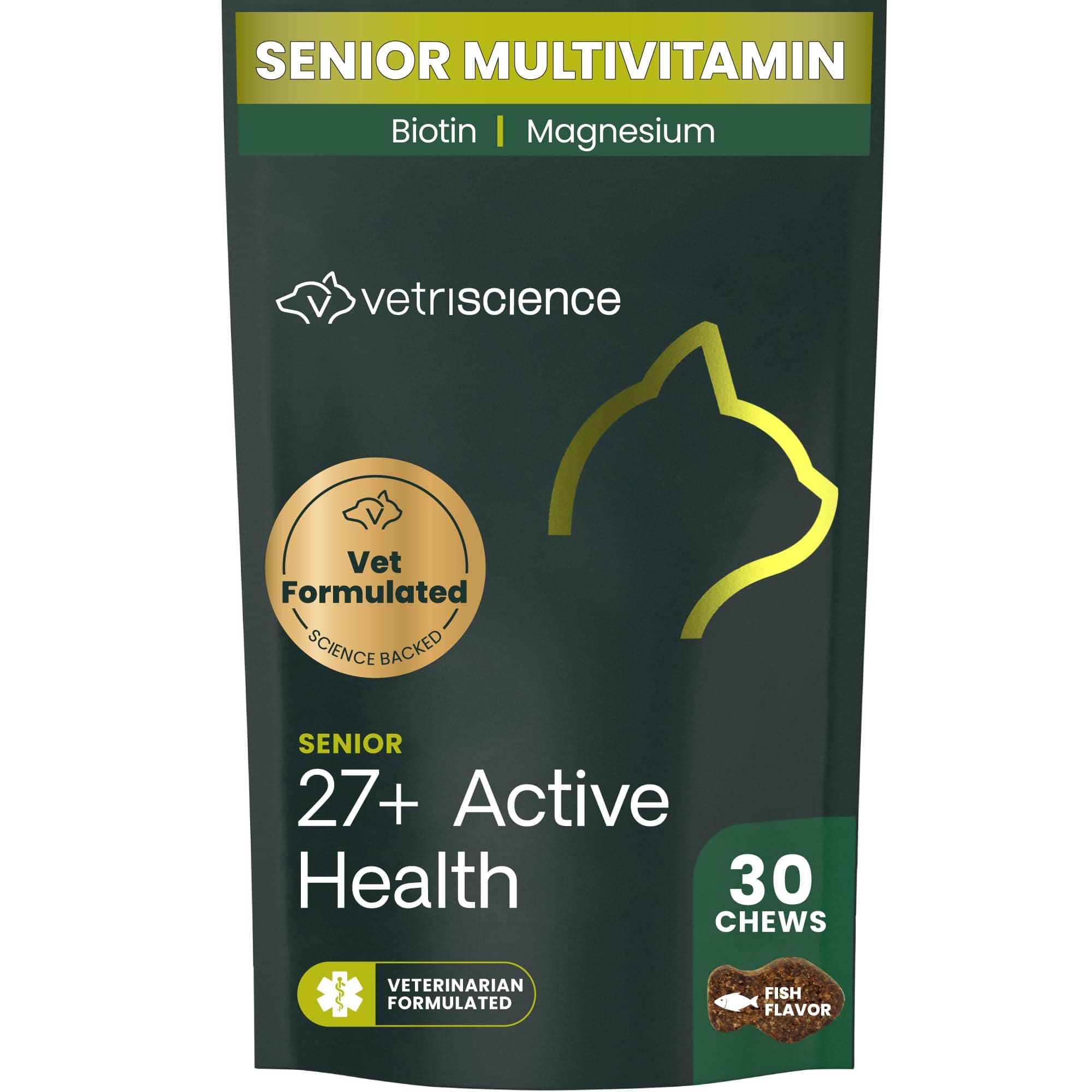 Senior 27+ Active Health Chews, Nu Cat Daily Multivitamin for Senior Cats, Balanced Vitamins, Minerals and Antioxidants, Healthy Aging and Wellness Support, Fish, 30 Count