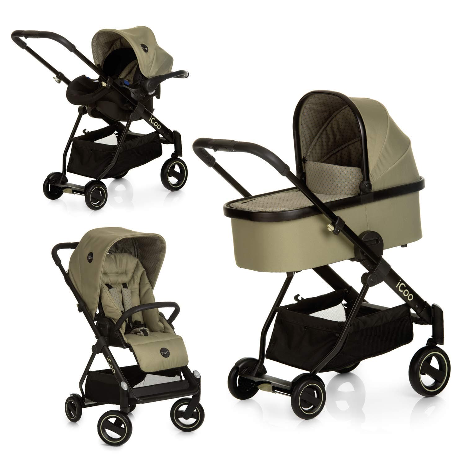 Acrobat XL Plus Trio Set Pushchair up to 25 kg with Lying Function + Boot Cover + Pram + Infant Car Seat from Birth, Foldable with One Hand, Light, Height-Adjustable, Reflectors – Green