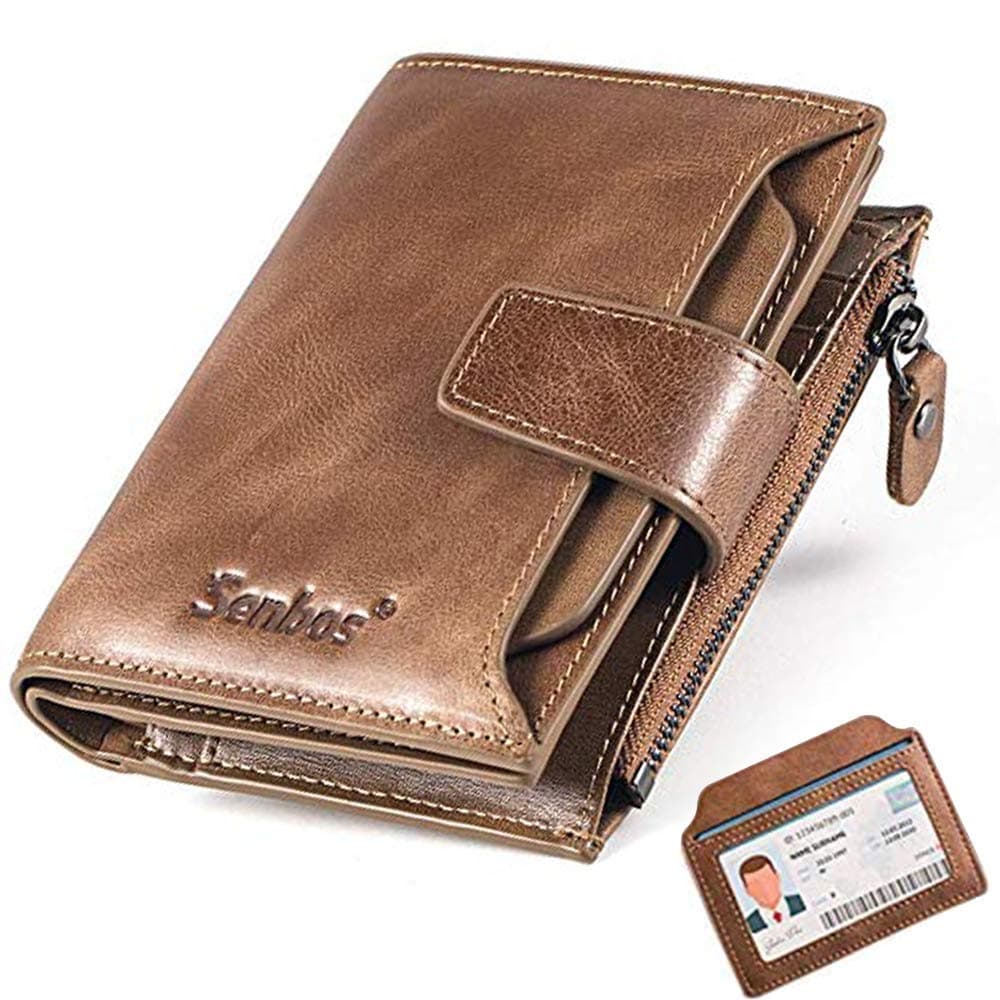 Wallet Mens, RFID Blocking Genuine Leather Wallet for Men with 18 Credit Card Slots, 2 Banknote Compartments, 1 Zipper Pocket and Removable ID Card Holder, Classic Vertical Wallet with Gift Box