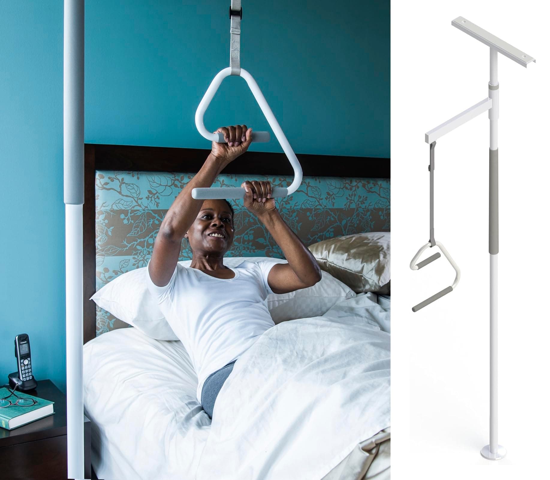 HEALTHCRAFT SuperTrapeze, (8-Feet) Floor to Ceiling Grab Bar, Pole with Overhead Trapeze, Support for Assisted Transfers in Bed, Features an Ultra-Ergonomic Offset Handle (300 Lbs. Capacity)