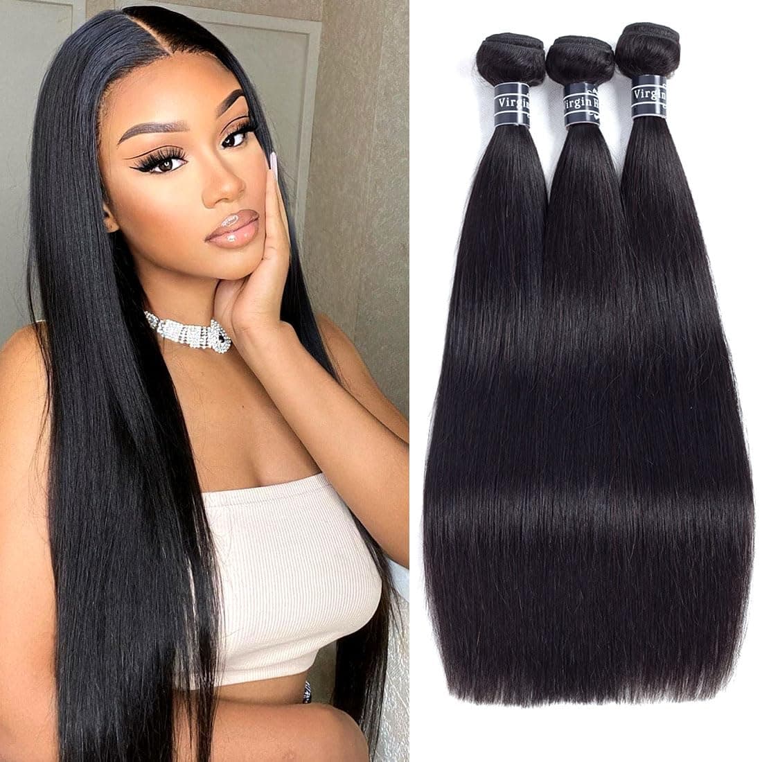 AmellaHair 10A Unprocessed Brazilian Straight Virgin Hair (18" 20" 22",300g)100% Brazilian Straight Virgin Hair Bundles Extension Weaves Natural Black Color