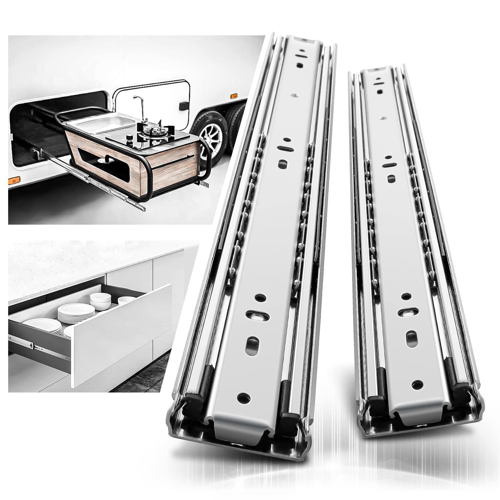 Heavy Duty Drawer Slides Rails 14 Inch Full Extension Ball Bearing Cabinet Drawer Slides Out 3 Section Drawer Tracks and Runners 150 lb Load Capacity Side Mount 1 Pair