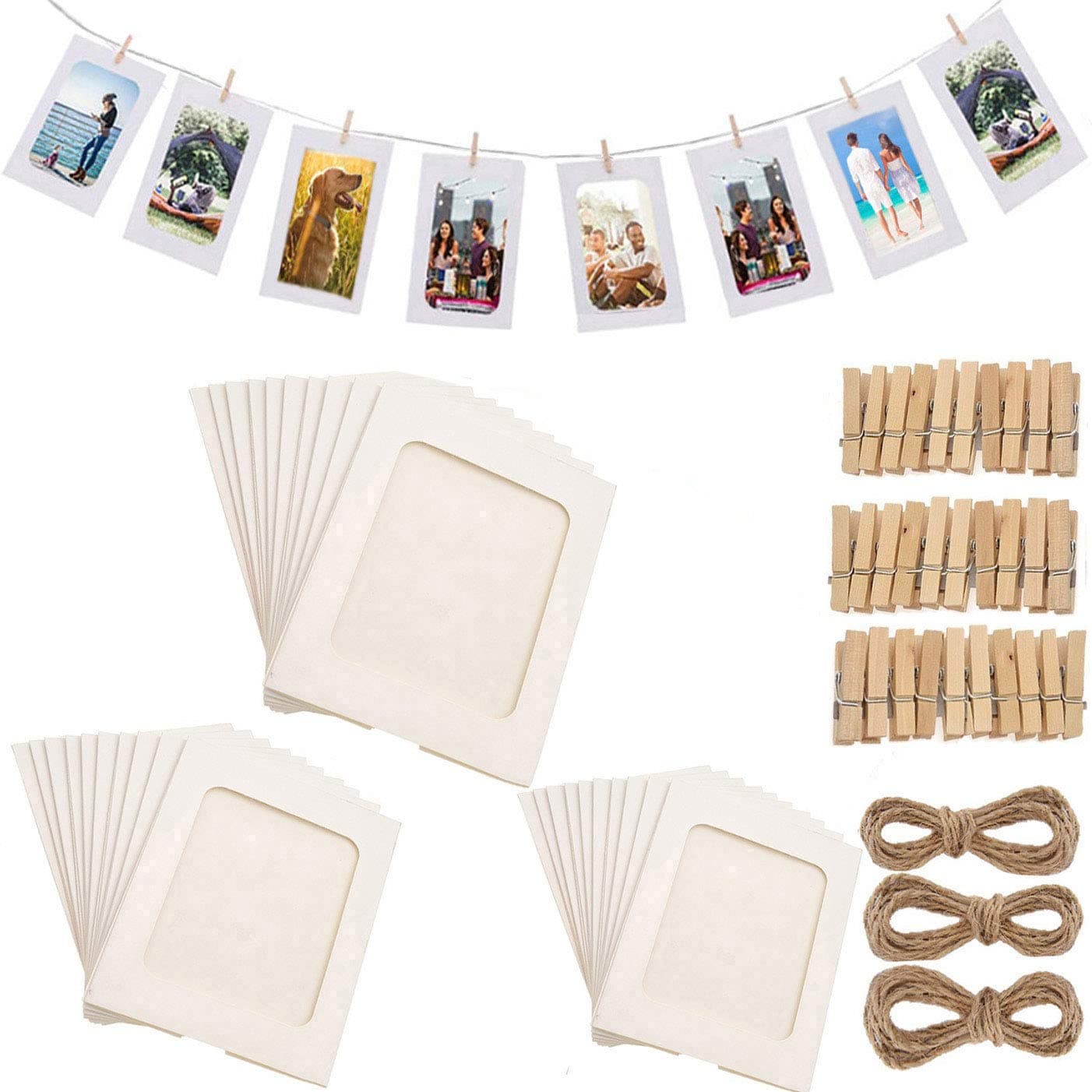 Perfect 4U 30 PCS DIY Paper Photo Frames 4x6 Picture Frame with Wooden Clips and String Hanging Cardboard Photo Frame 10x15 cm Set for Home Wall Decor (White 30 PACK)