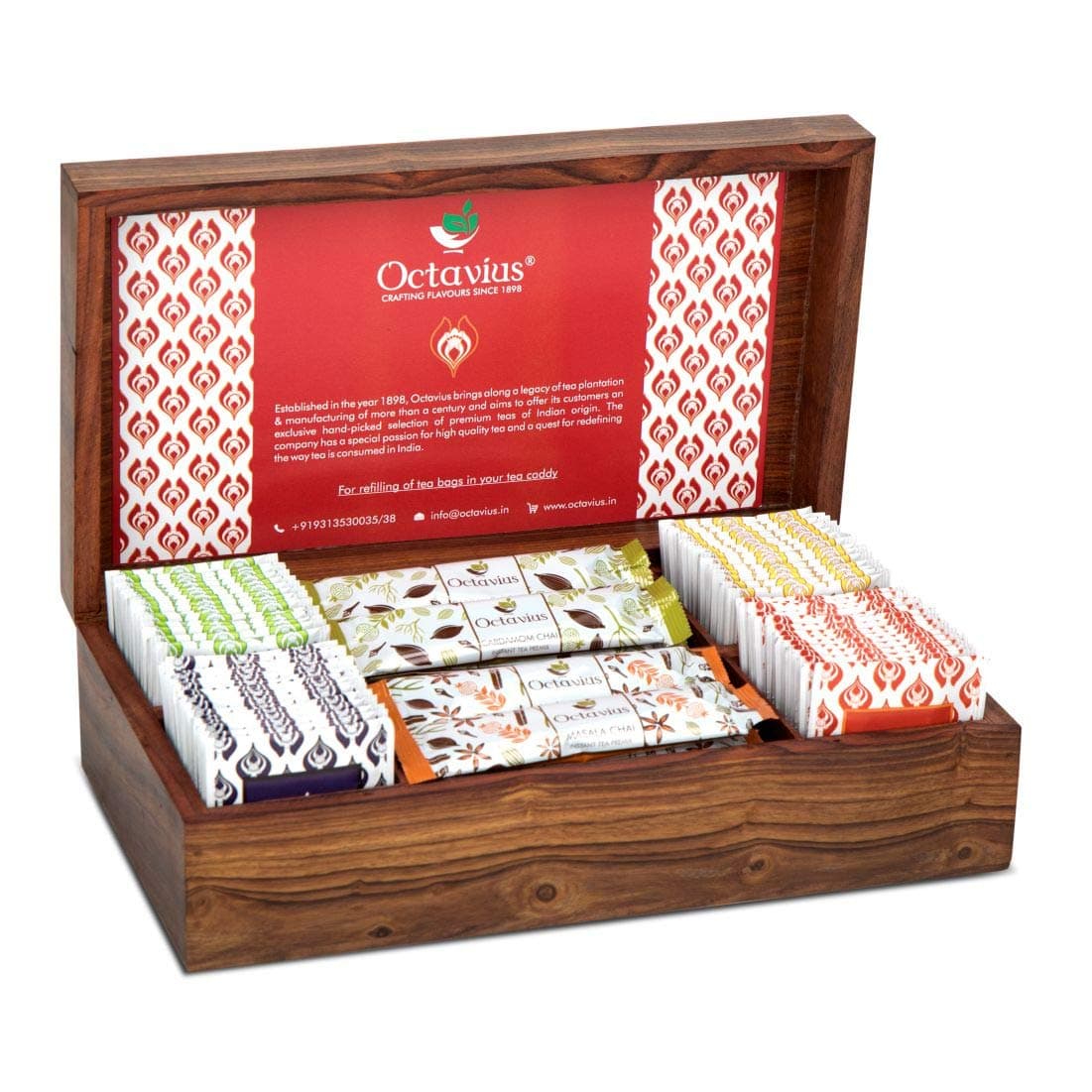 Octavius Premium Tea Assortment of 60 Tea Bags & 30 Ready Tea Sachets in Wooden Gift for Christmas & New Year Box