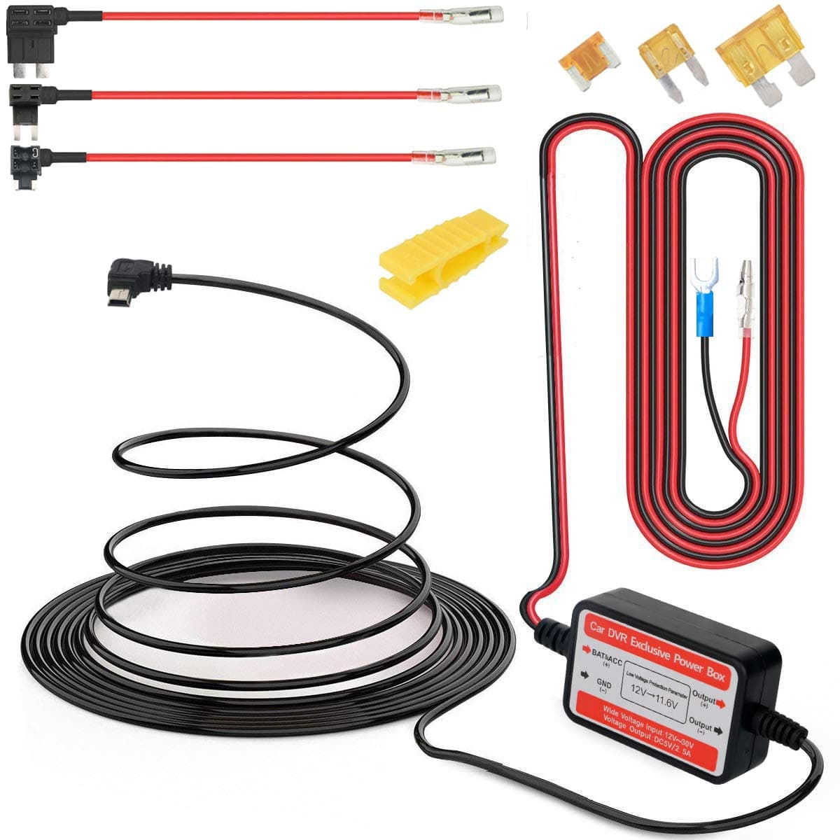 Gebildet Dash Cam Hardwire Kit Mini USB 10ft 12V-24V to 5V, Low Voltage Protection ACN/ACS/ACU Add a Circuit Fuse Holders (Right Angel Mini USB and fuse kit)