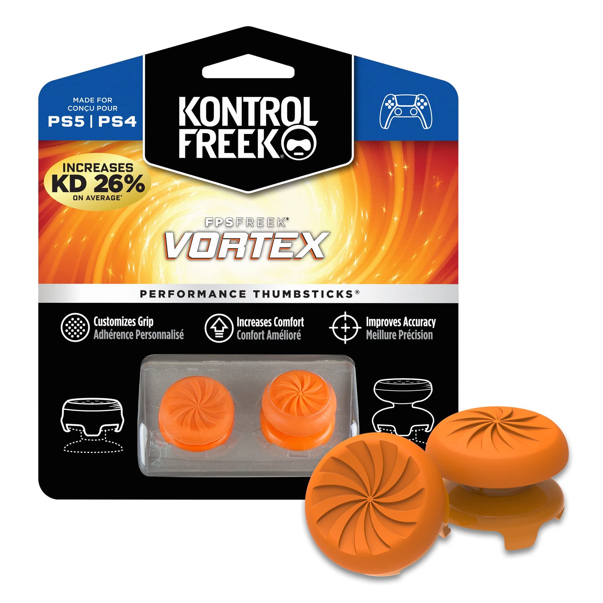 FPS Freek Vortex for PlayStation 4 (PS4) and PlayStation 5 (PS5) | Performance Thumbsticks | 1 High-Rise Convex, 1 Mid-Rise Concave | Orange [playstation_4]