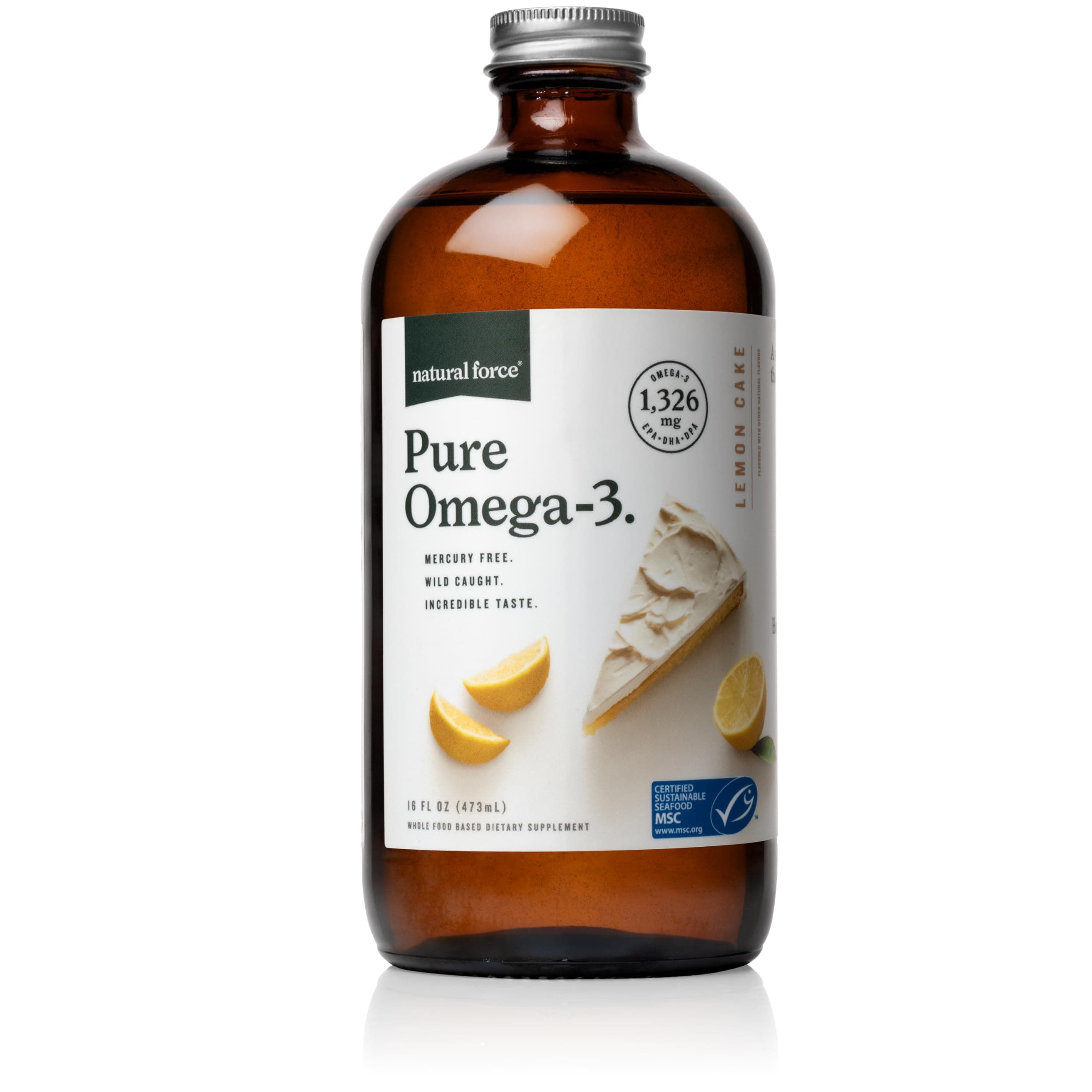 Pure Omega 3 - Liquid Fish Oil - Delicious Lemon Cake Flavor - Mercury Free, Wild Caught, Lab Tested - 1,326 mg Triglyceride EPA, DHA, & DPA - 16 Oz Glass Bottle