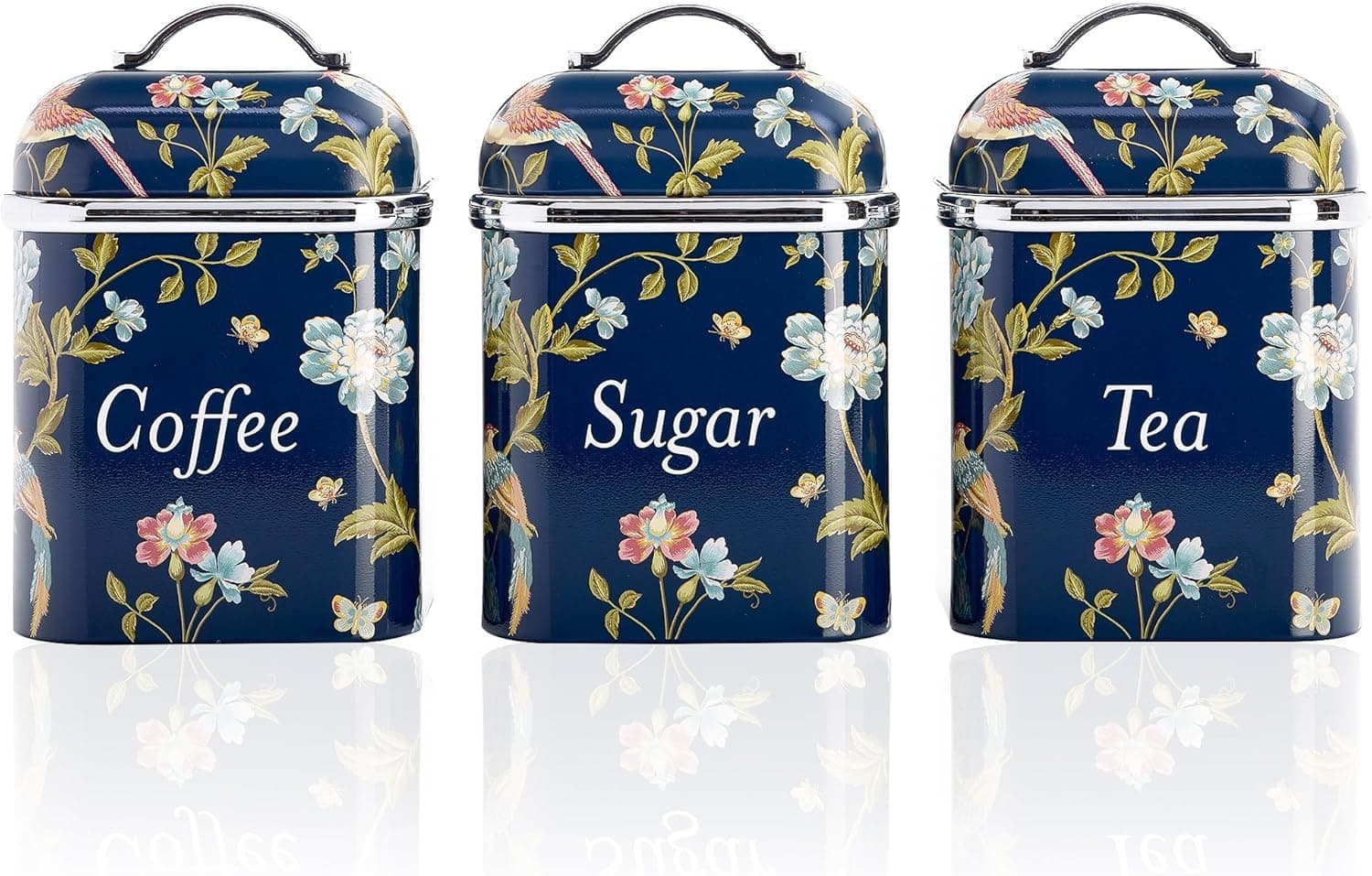 Laura Ashley Tea Coffee and Sugar Canisters Set of 3 Stainless Steel Tea Sugar and Coffee Containers Set with Removable Lids - Printed Storage Jars & Kitchen Canisters - Elveden Navy