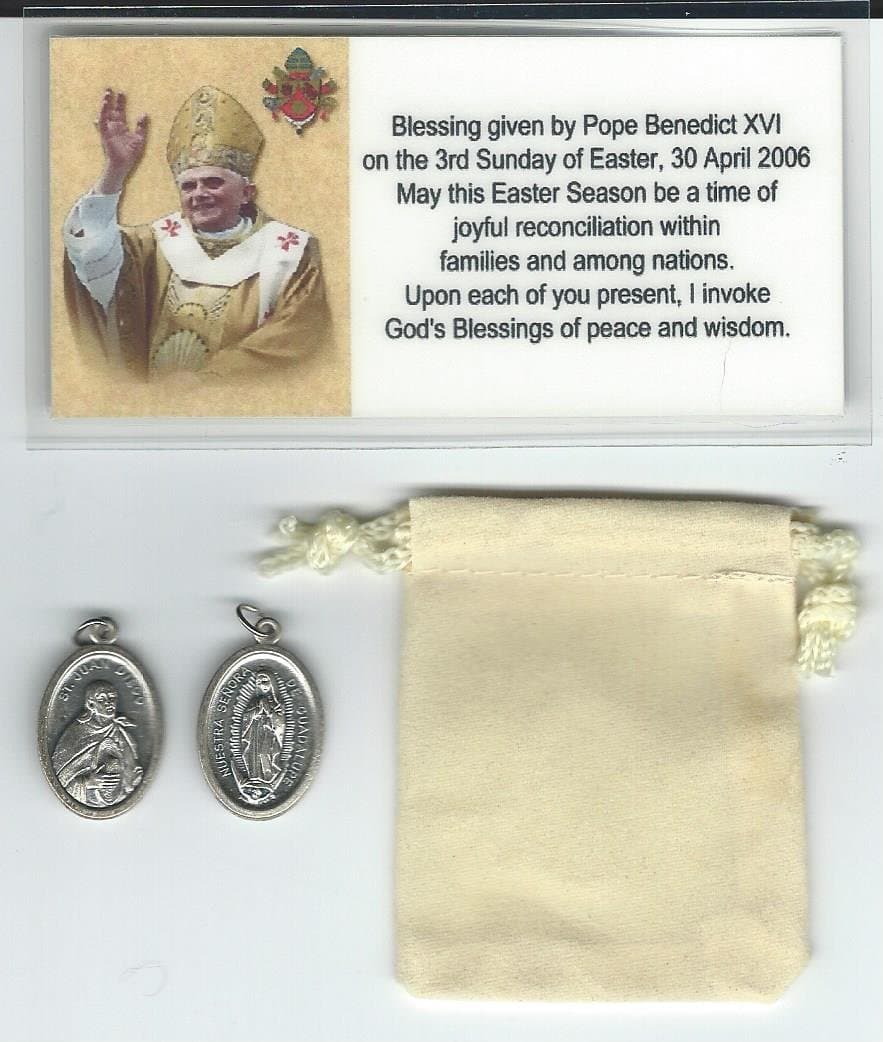 Our Lady of Guadalupe and San Juan Diego Medal Blessed by Pope Benedict XVI with Holy Card and Velour Bag