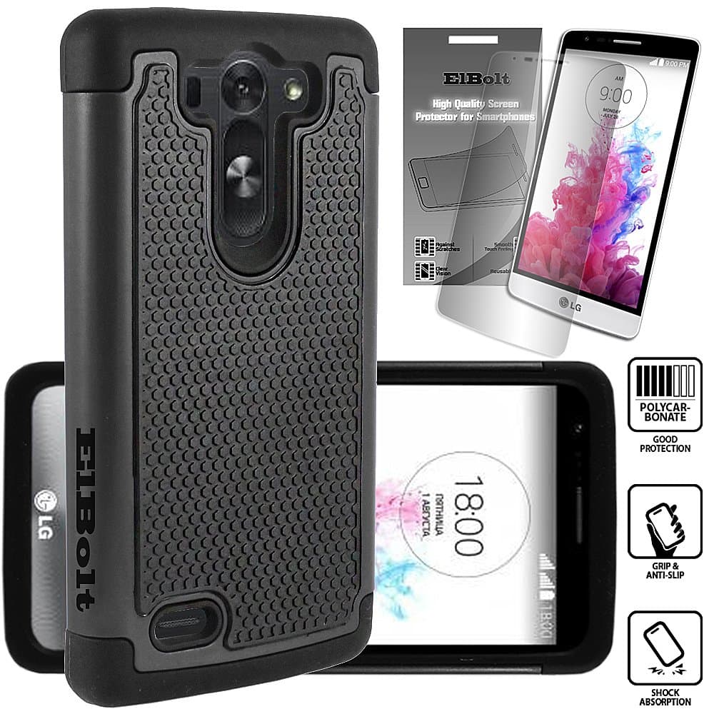 ElBolt LG G3 Vigor / G3 Mini / G3 Beat/ G3s D725 D722 Case - 2 in 1 Bundle Silicon Dual Layer Armor Protective Case Cover Skin -Black with Free ElBolt Certified Premium Screen Protector by ElBolt TM