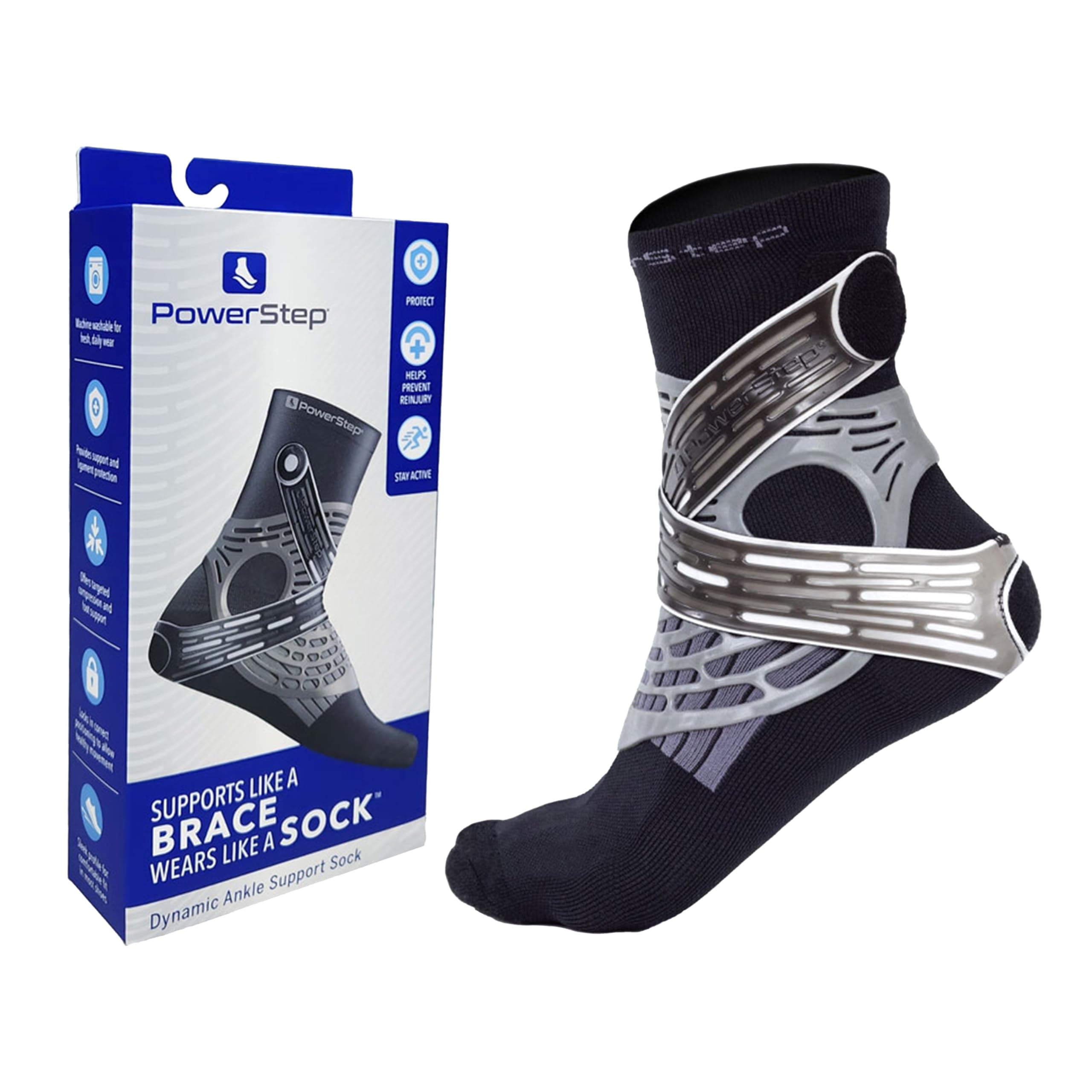 Powerstep Dynamic Ankle Stability Sock, Ankle Brace and Compression Sock, for Flexibility, Support and Injury Prevention