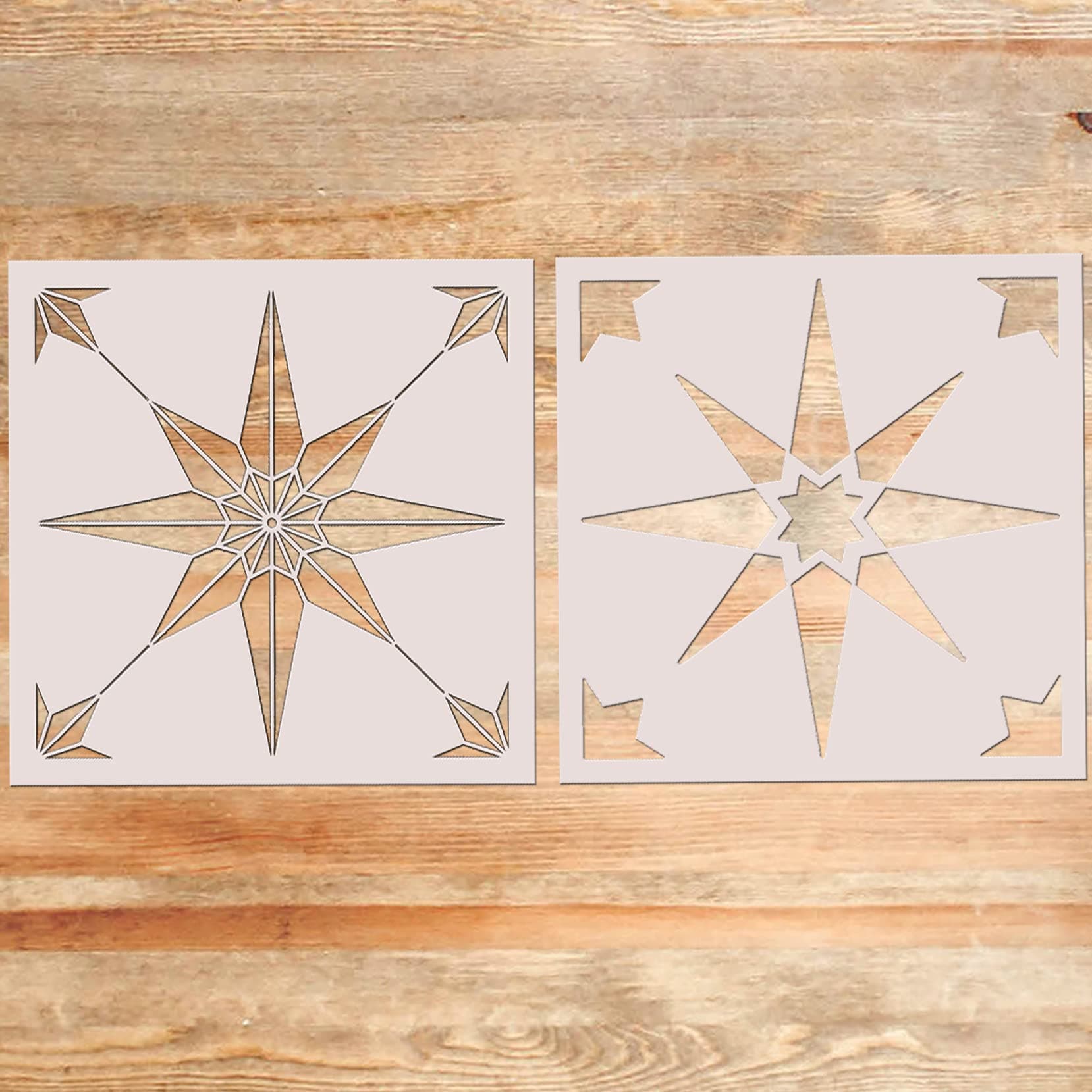 HELLATHUND Pack of 2 Tile Stencil 8x8 Inch - Reusable Stencils for Painting Floor Wall Wood - Floor Stencil Design for DIY Tile - Star Tile Stencil