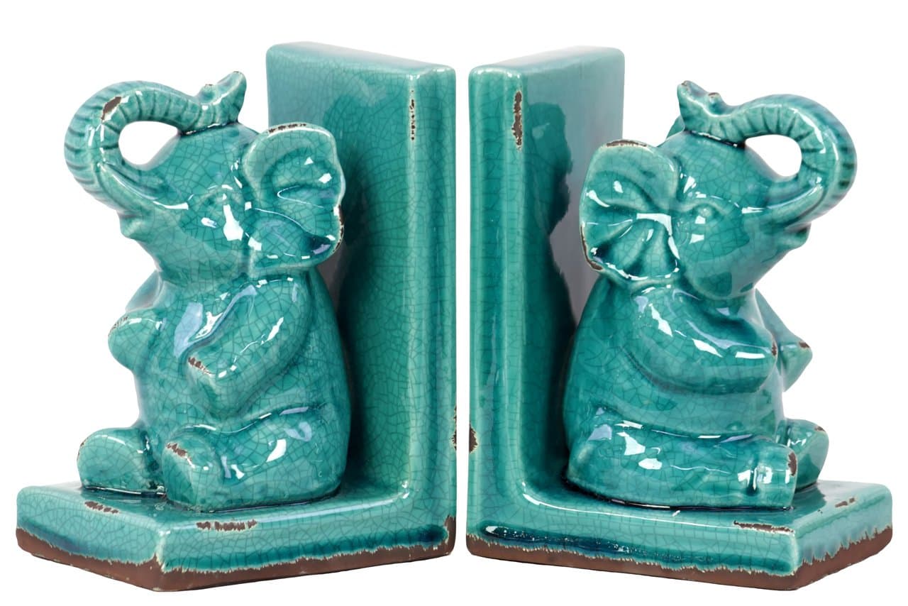 Benzara Adorable & Attractive Stoneware Sitting Elephant Bookend with Glossy Finish, Blue