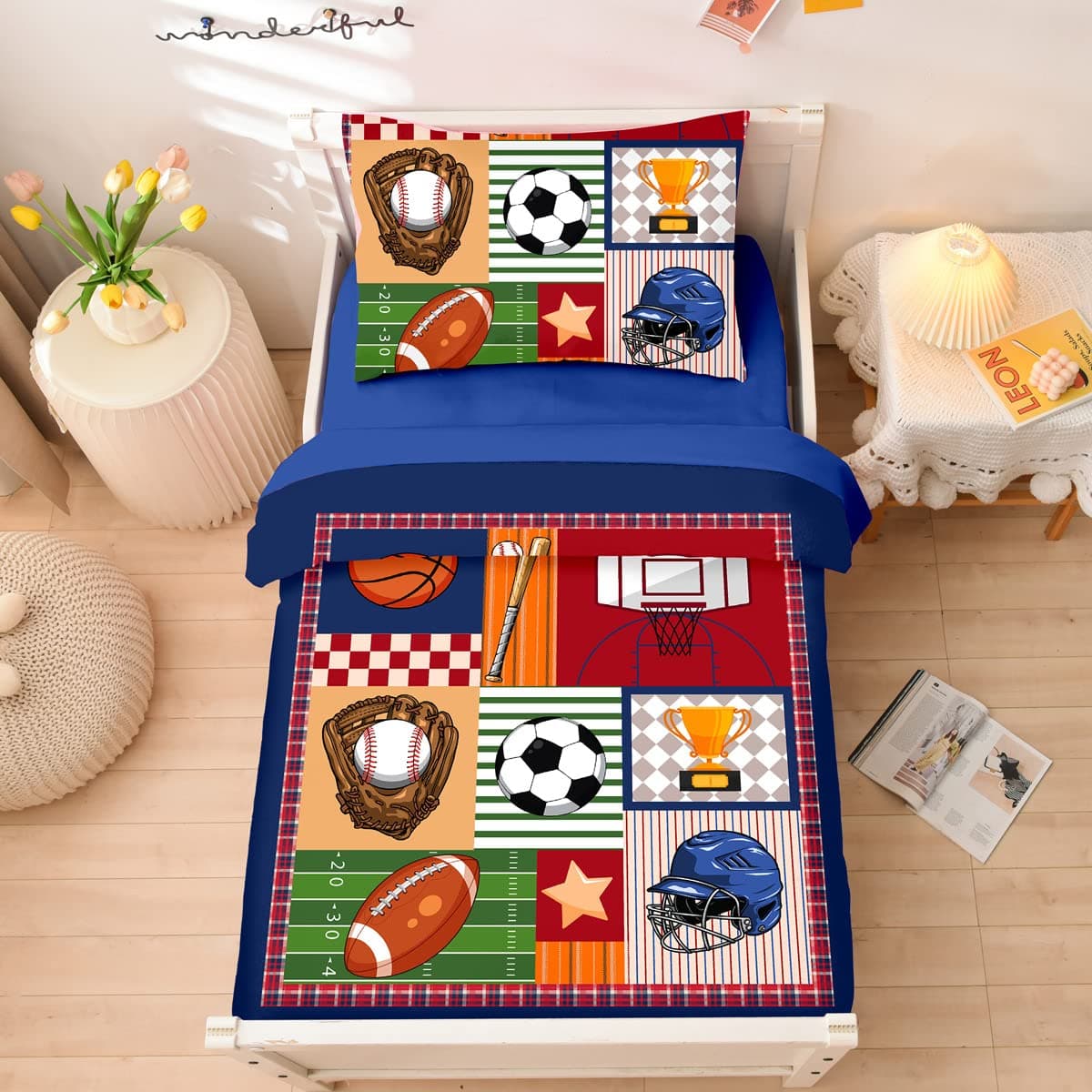 NTBED 4 Pieces Patchwork Basketball Toddler Bedding Set for Baby Boys, Football Baseball Printed, Includes Comforter, Flat Sheet, Fitted Sheet and Pillowcase,Blue