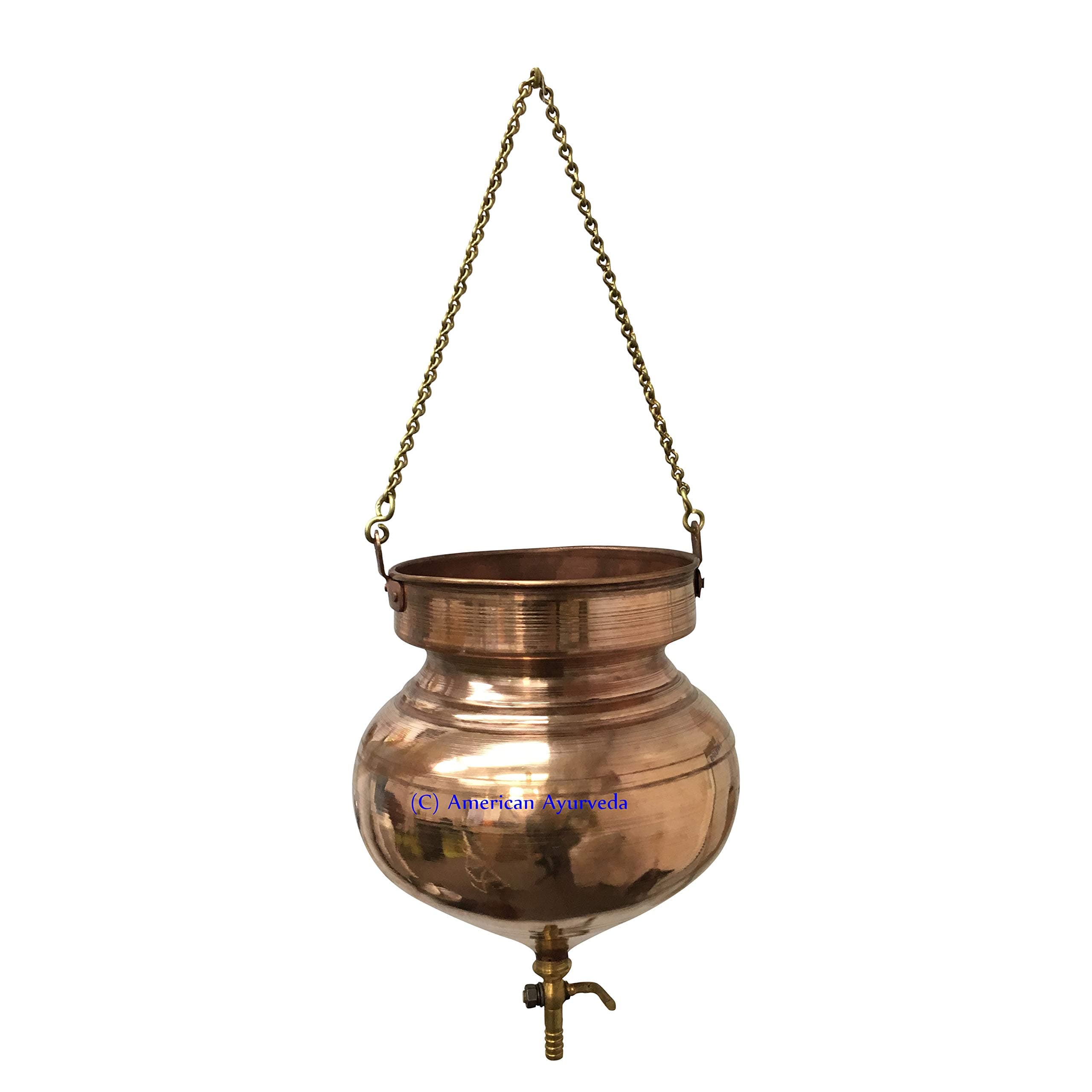 Pure Copper Shirodhara Pot Ayurvedic Equipment with Control Valve and Brass Chain for Panchkarma Abhyanga Sodhana Ayurveda Massage Basti Nasya (Large Shirodhara)