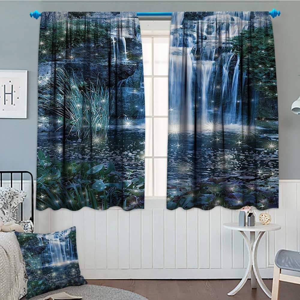 SeptSonne Magic Home Decor Blackout Window Curtain Fairy Fantastic Waterfalls at Night with Alluring Light on The Water Fresh Landscape Customized Curtains 52"x63" Grey Green