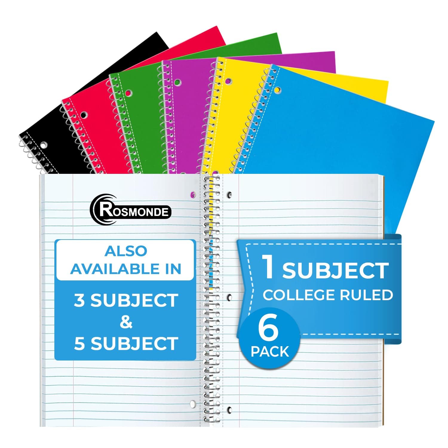Rosmonde 1 Subject Notebook College Ruled, 6 Pack, 70 Sheets (140 Pages), 8 x 10-1/2", 3 Hole Punched Notebooks, Thick No-Bleed Paper, Sturdy Back, College Ruled Notebook for School, Assorted Colors