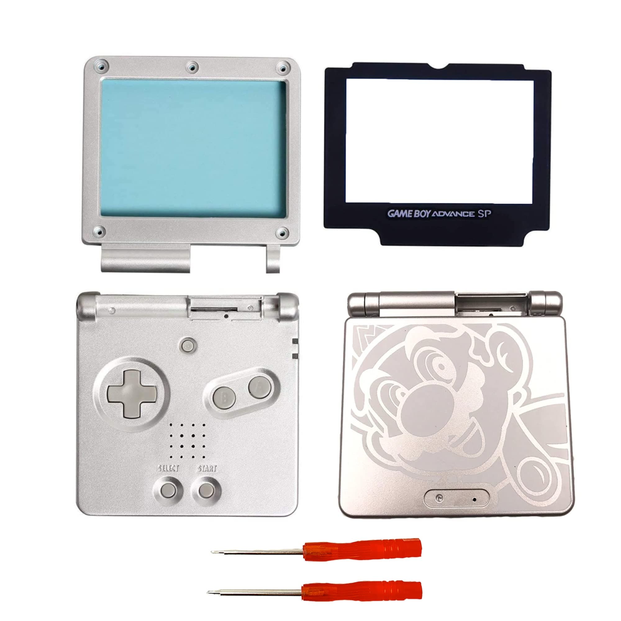 THE TECH DOCTOR Replacement Gameboy Advance SP Complete Shell Housing Case, Screen Lens & Buttons - Professional Repair Kit Including Tools (Mario Silver)