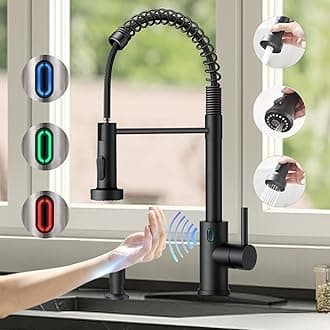 Touch-Less Kitchen Faucet, 3 Modes Pull Down Sprayer, Sensor Activated, LED Temperature Control, 360-Degree Rotation, 1 or 3 Hole Deck Plate. 10-Year Warranty.(Dark Black, KW-79RR)