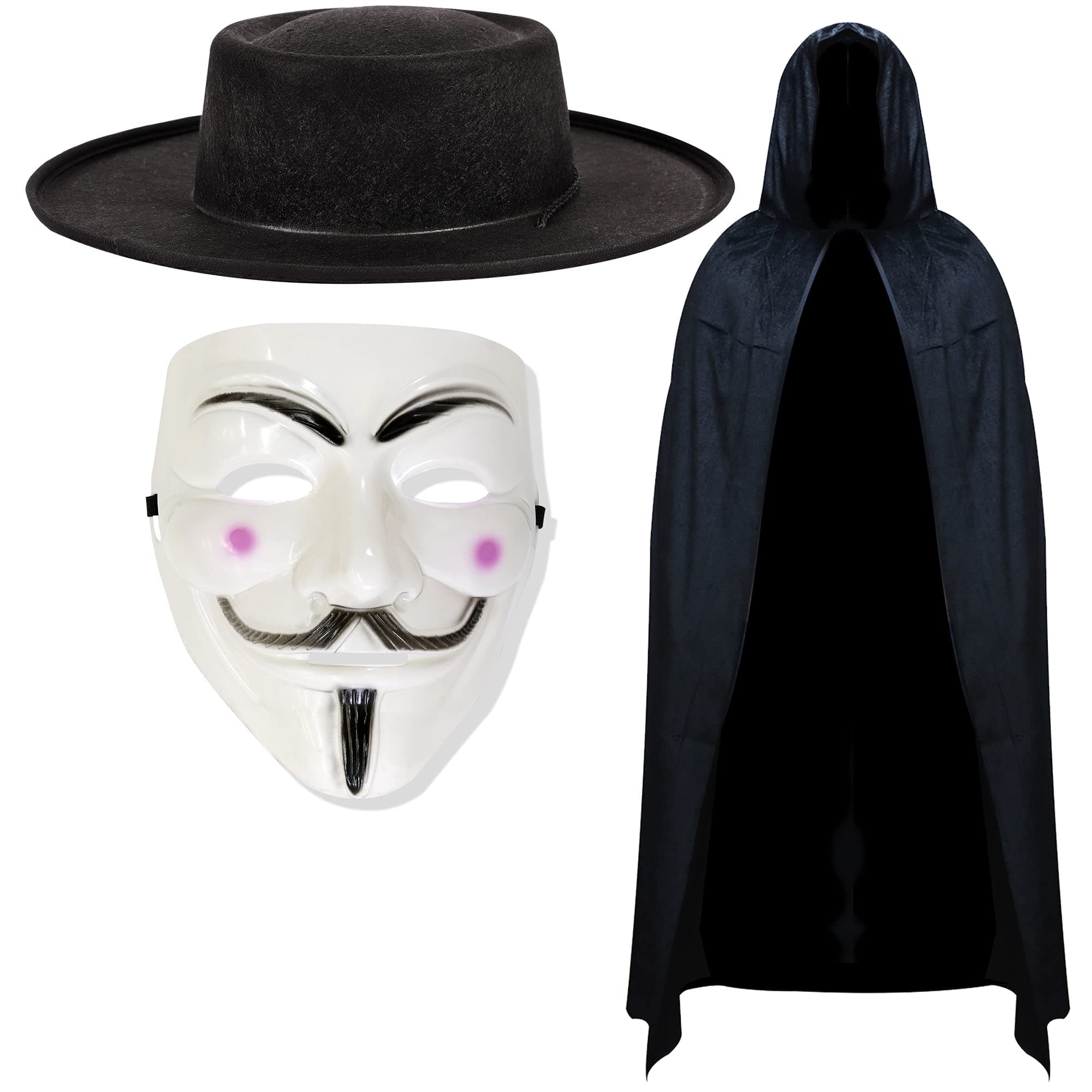 Anonymous Mask, Hooded Cape, Hat and Sais Knives Fancy Dress Set