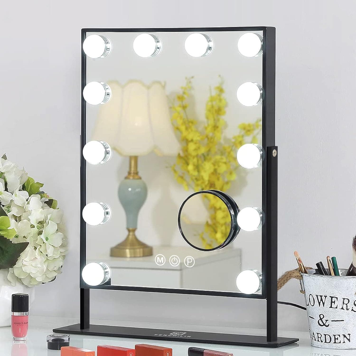 FENCHILIN Lighted Makeup Mirror Hollywood Mirror Vanity Makeup mirror with Light Smart Touch Control 3Colors Dimable Light Detachable 10X Magnification 360Ã‚°rotation(Black)