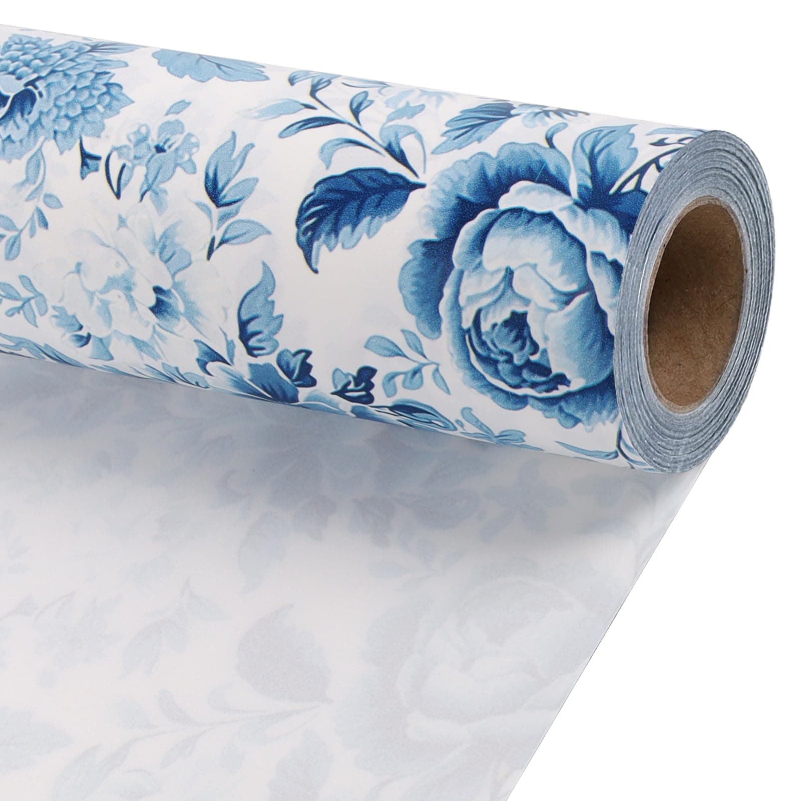 BIOBROWN Floral Wrapping Paper Jumbo Roll - 30 Inch X 33 Feet (82.5 sq. ft. ttl.) Blue White Peony Design Chinoiserie Gift Wrap Stone Paper for Valentine's Day, Wedding, Bridal Shower, Mother's Day
