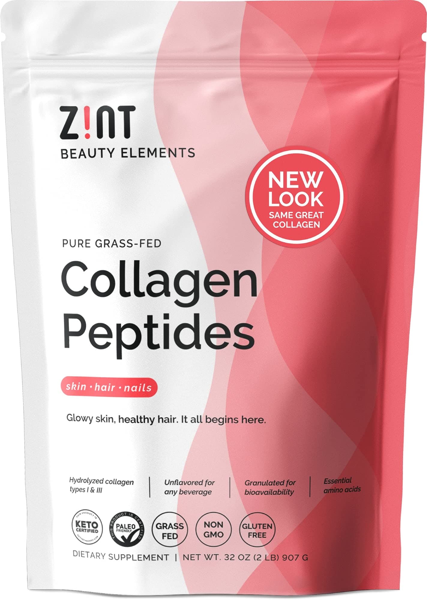 Zint Collagen Peptides Powder (32 oz) | Grass-Fed, Hydrolyzed Type I & III | Supports Skin, Hair, Joints & Gut Health | Rich in Key Amino Acids | Paleo-Friendly, Keto, Non-GMO, Unflavored