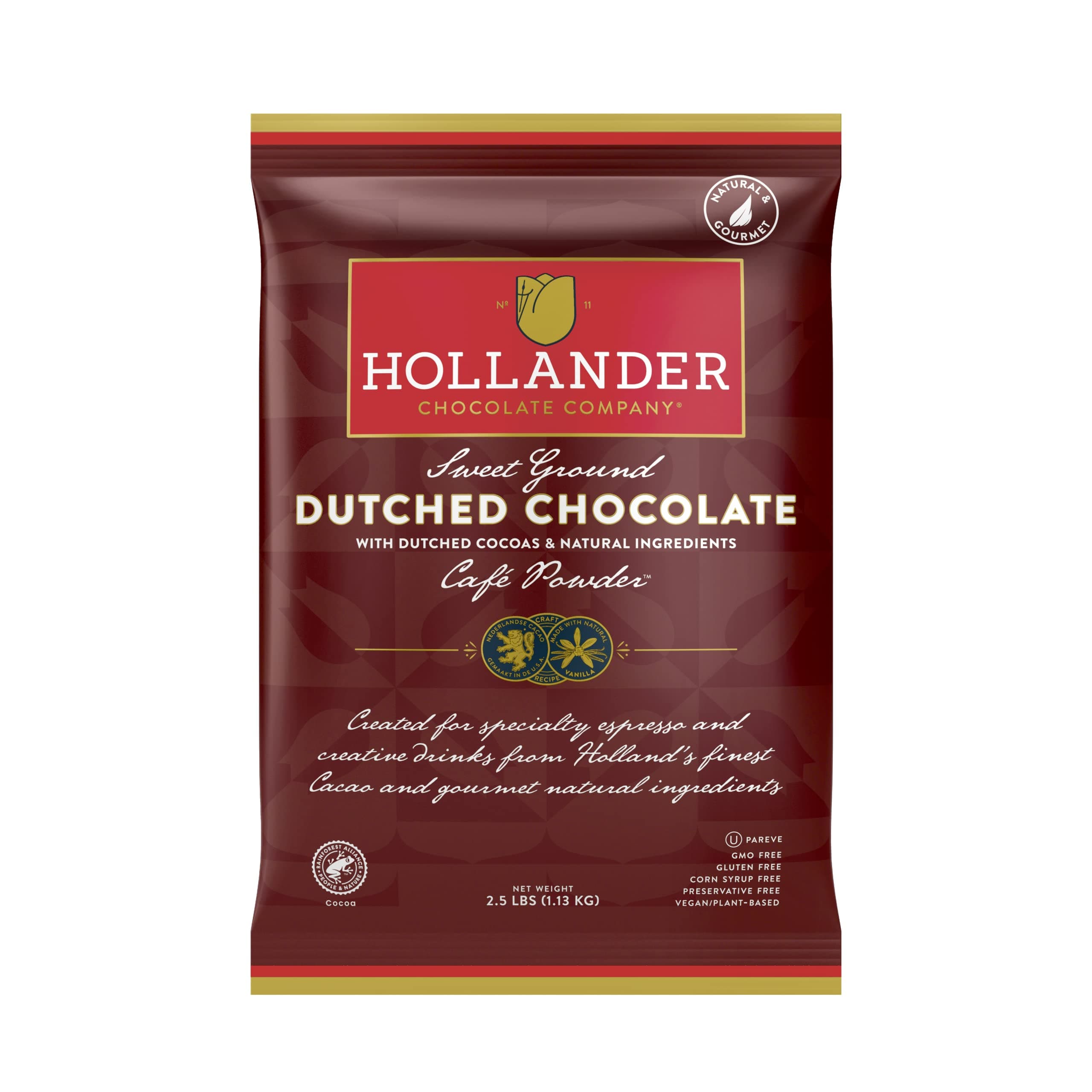 Hollander Sweet Ground Dutched Chocolate Powder | 2.5lb Bag | Beverage, Specialty Coffee Drinks, Baking & Desserts | Clean Label & Gourmet Ingredients | GMO Free, Rainforest Alliance Certified