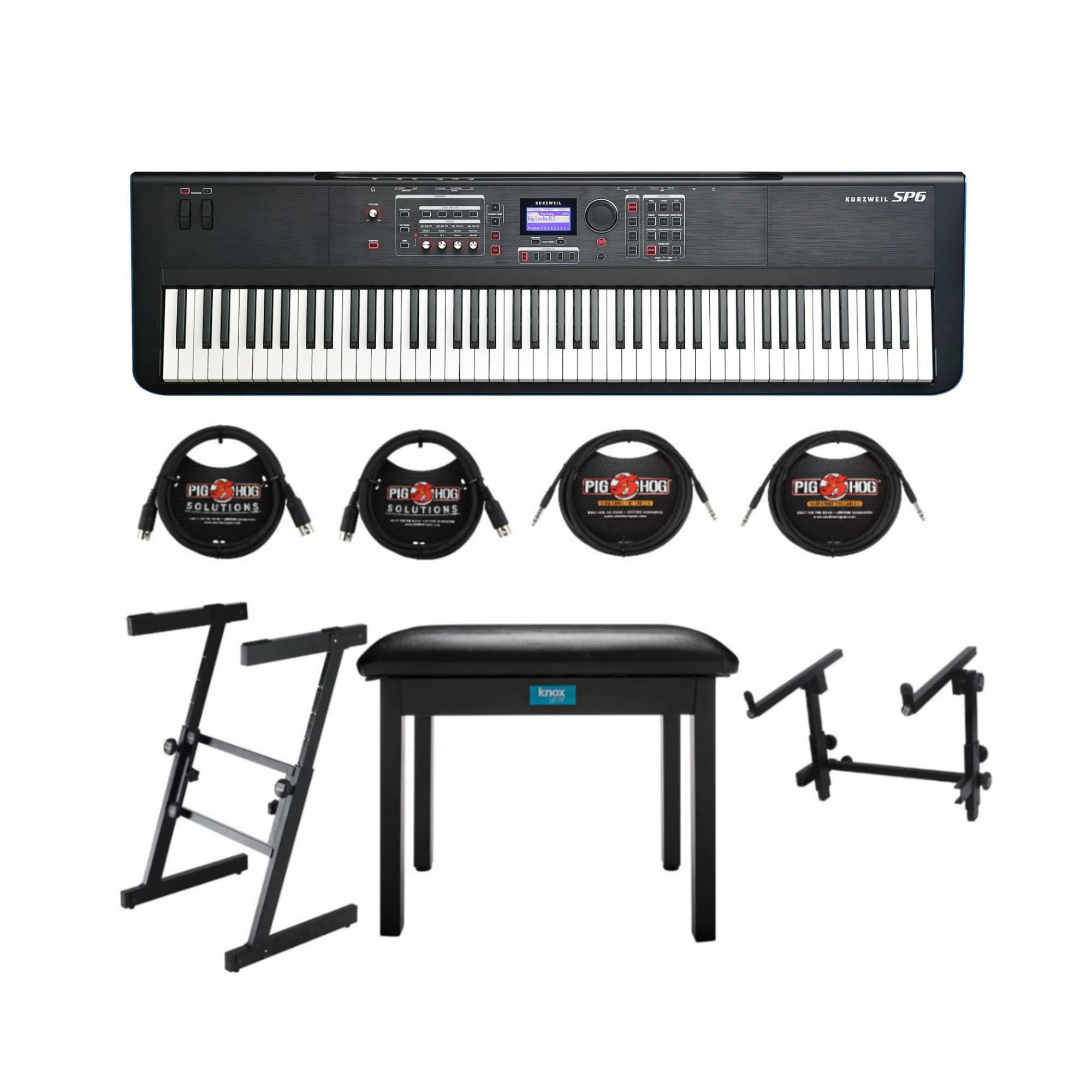KurzweilSP6 88-Key Stage Piano with LENA Processor, FlashPlay Technology and KSR Bundle with Keyboard Stands, Headphones, 2 x TRS and MIDI Cables, and Piano Bench (8 Items)