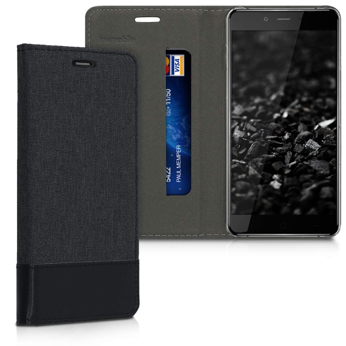 kwmobile Book Style Case Compatible with OnePlus X (5.0") - PU Leather Fabric Wallet Cover with Stand - Anthracite/Black