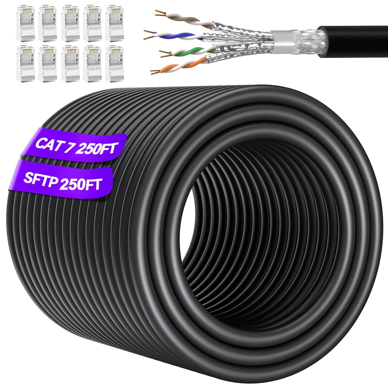 MEIPEK Cat 7 Outdoor Ethernet Cable Bulk 250ft (20 RJ45), SFTP Cat 7 Triple Shielded Ethernet Cable, High Speed 10Gbps 600Mhz, Direct Burial, UV Resistant, Waterproof LAN Cable for Router, Gaming