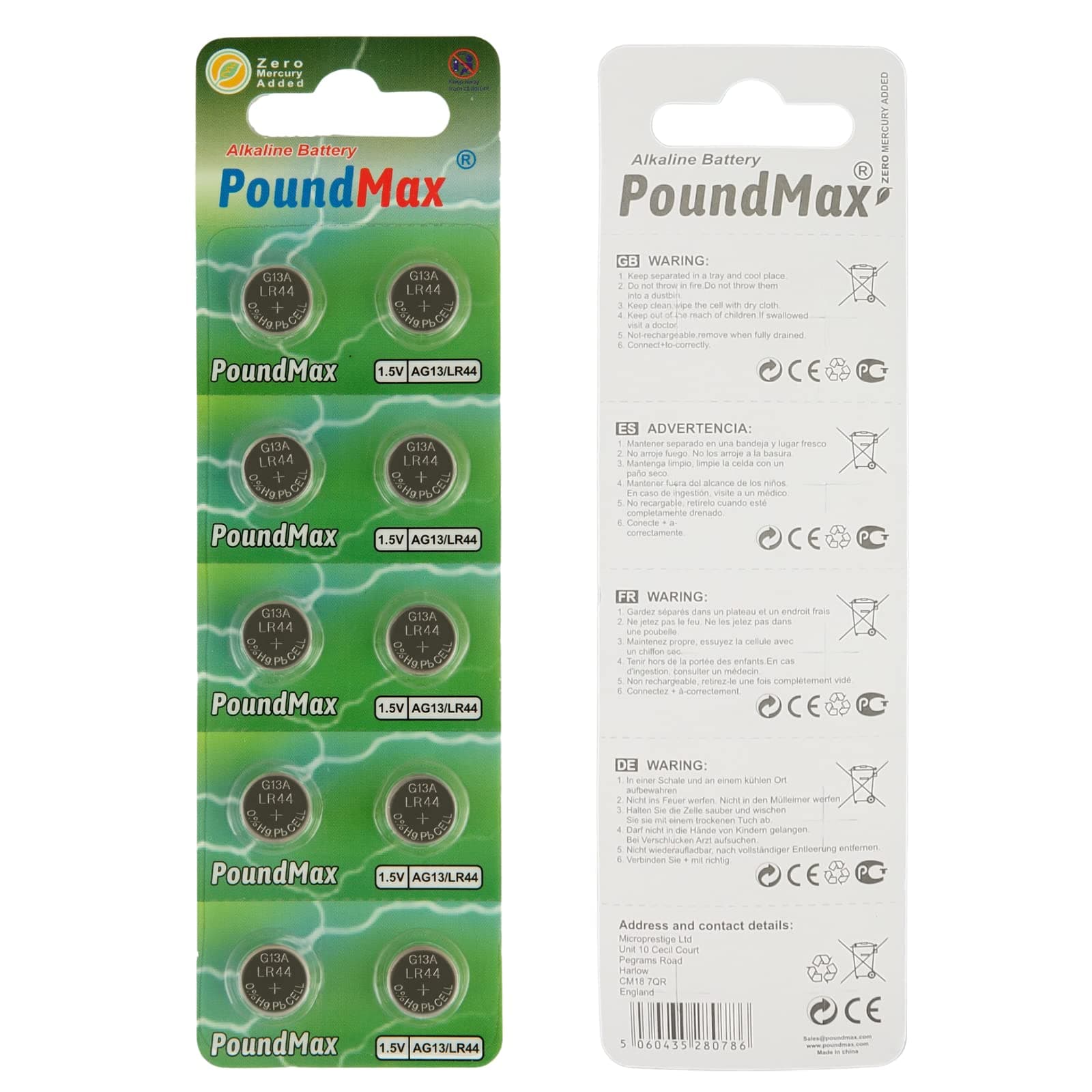 PoundMax 10 x AG13 LR44 1.5 V Alkaline Button Cell Battery by