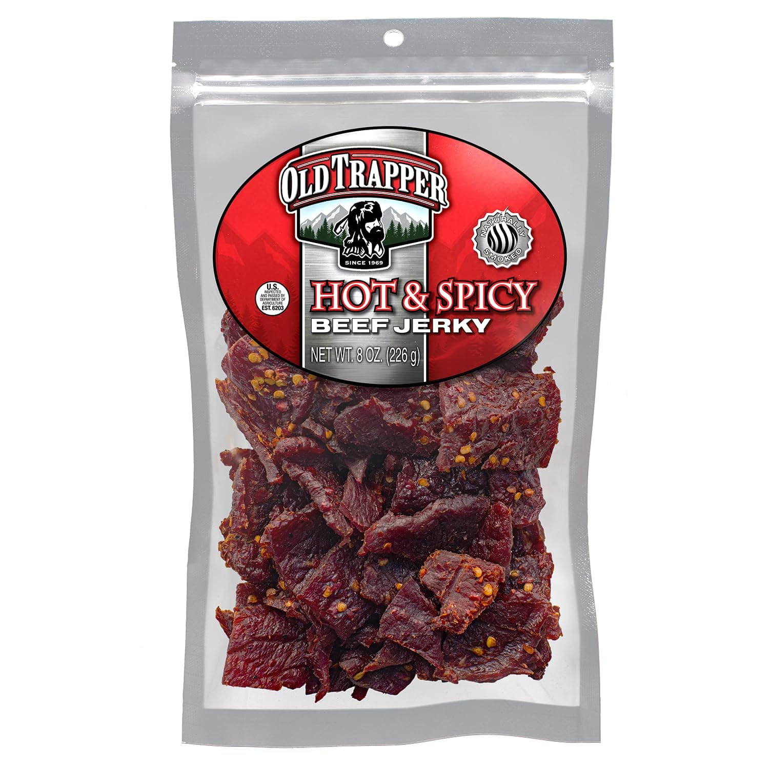 Old Trapper Beef Jerky, Hot & Spicy 8 Ounce Individual Pack, Tender and Spicy Meat Snacks for Lunches or Between Meals, 11 Grams of Protein and 70 Calories per Serving (Pack of One)