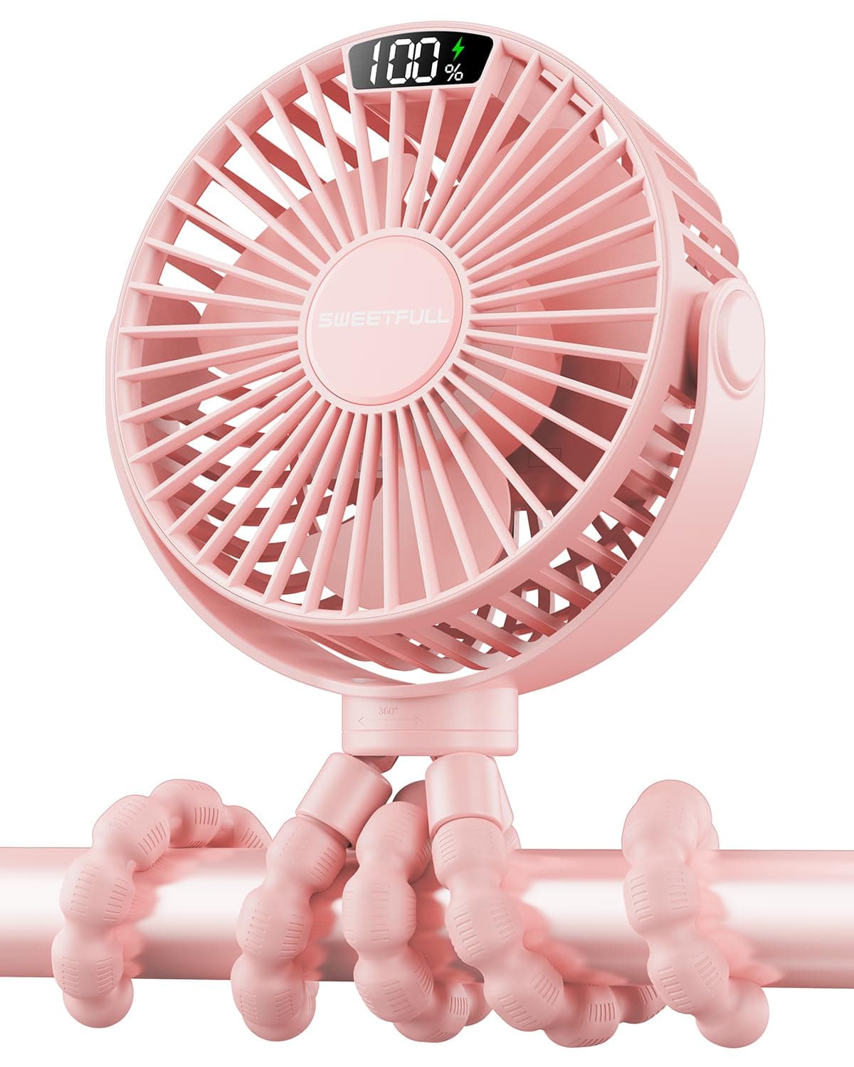 SWEETFULL Portable Stroller Fan with LED Display, 4 Speed Rechargeable Mini Clip On Fan, 360° Rotate Flexible Tripod Better Cooling Small Baby Fan for Car Seat Crib Travel Bike Treadmill (Pink)