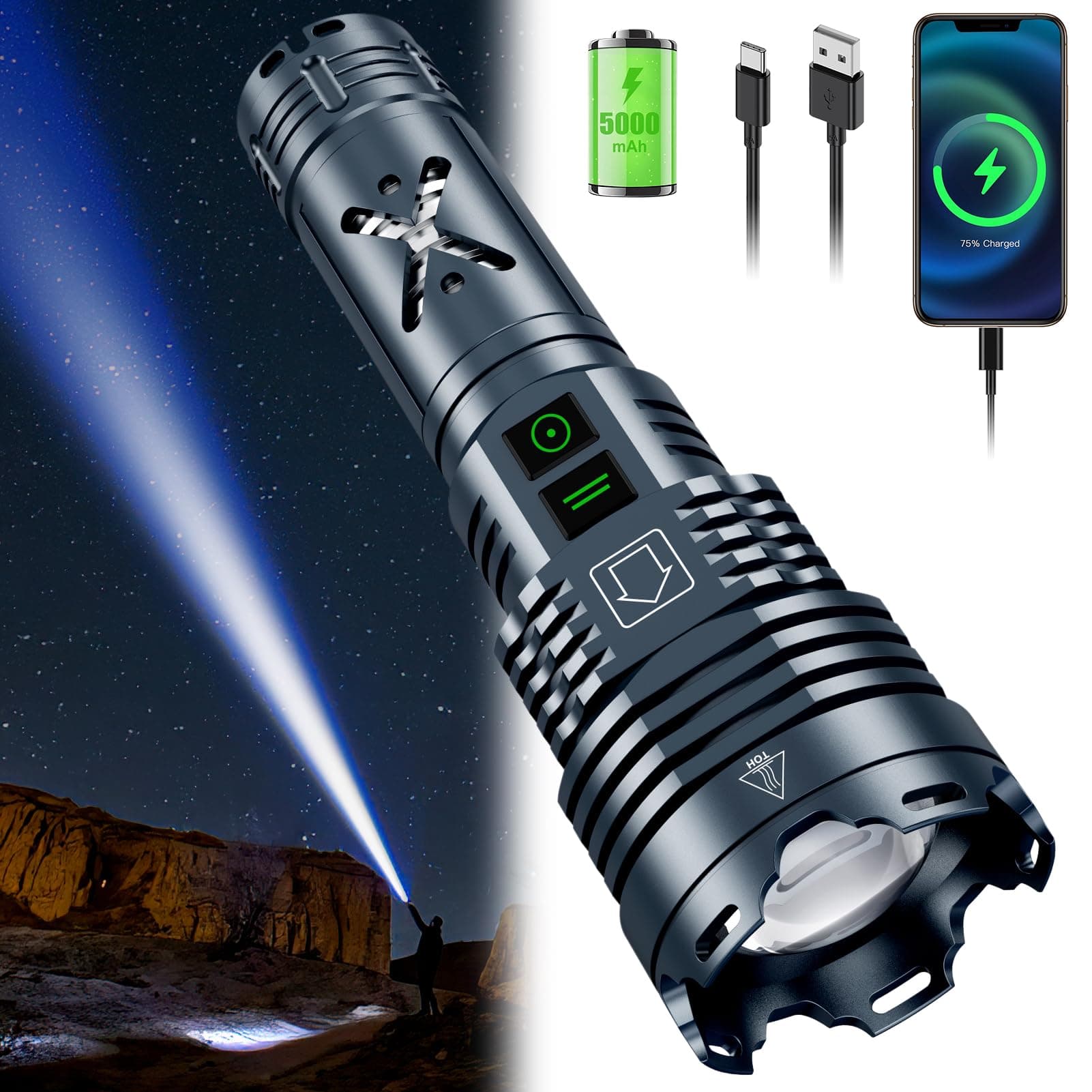 Rechargeable LED Flashlights 5800.000 High Lumens,High Powered Flashlight Super Bright,Handheld Tactical Flashlight With Waterproof, 6 Modes, Zoomable, Powerful Flashlights for Camping Home Emergency